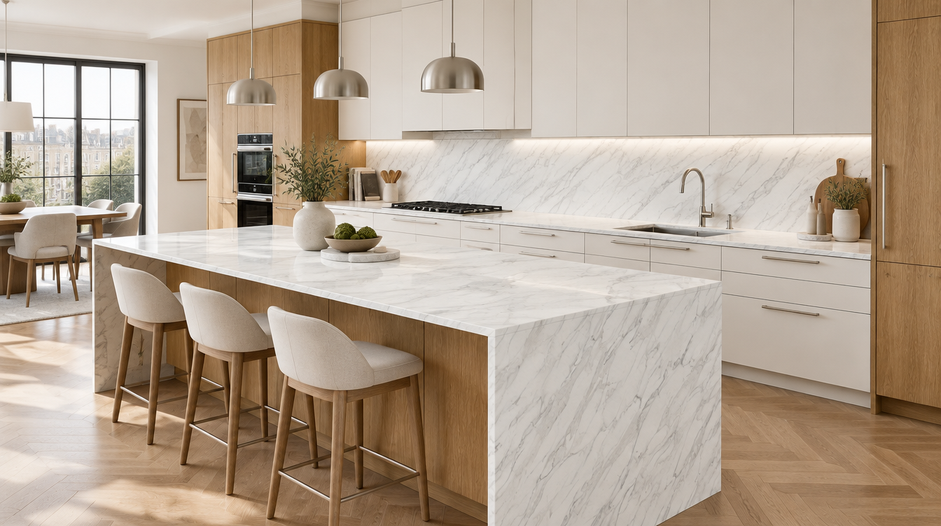 Santorini NobleStone worktop in a wide kitchen view