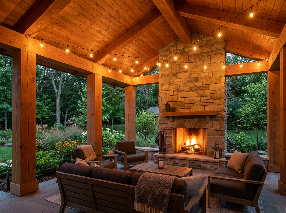 Covered patio at dusk