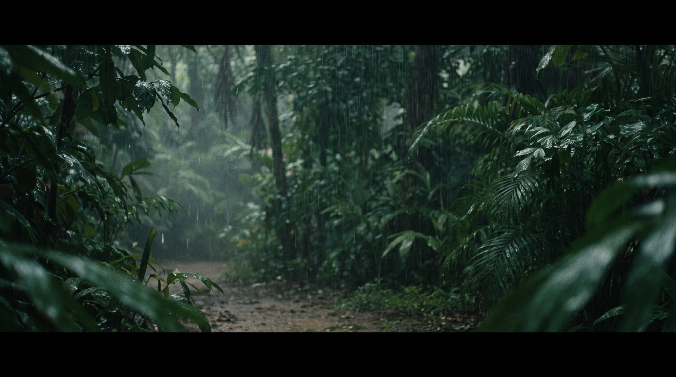 Rain falling through a dense jungle canopy at dusk.