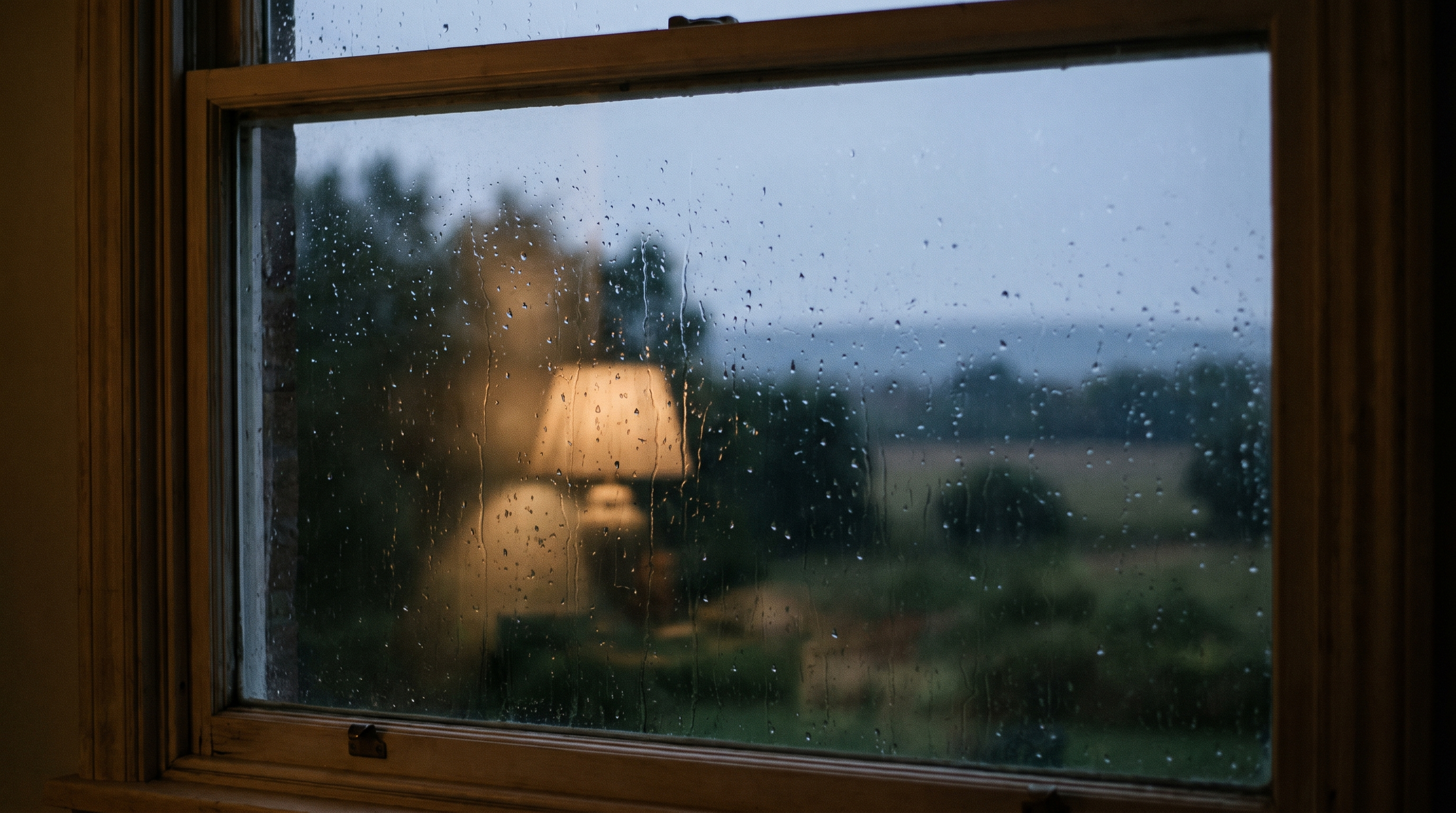 Rain running down a window with a warm lamp-lit room behind it.