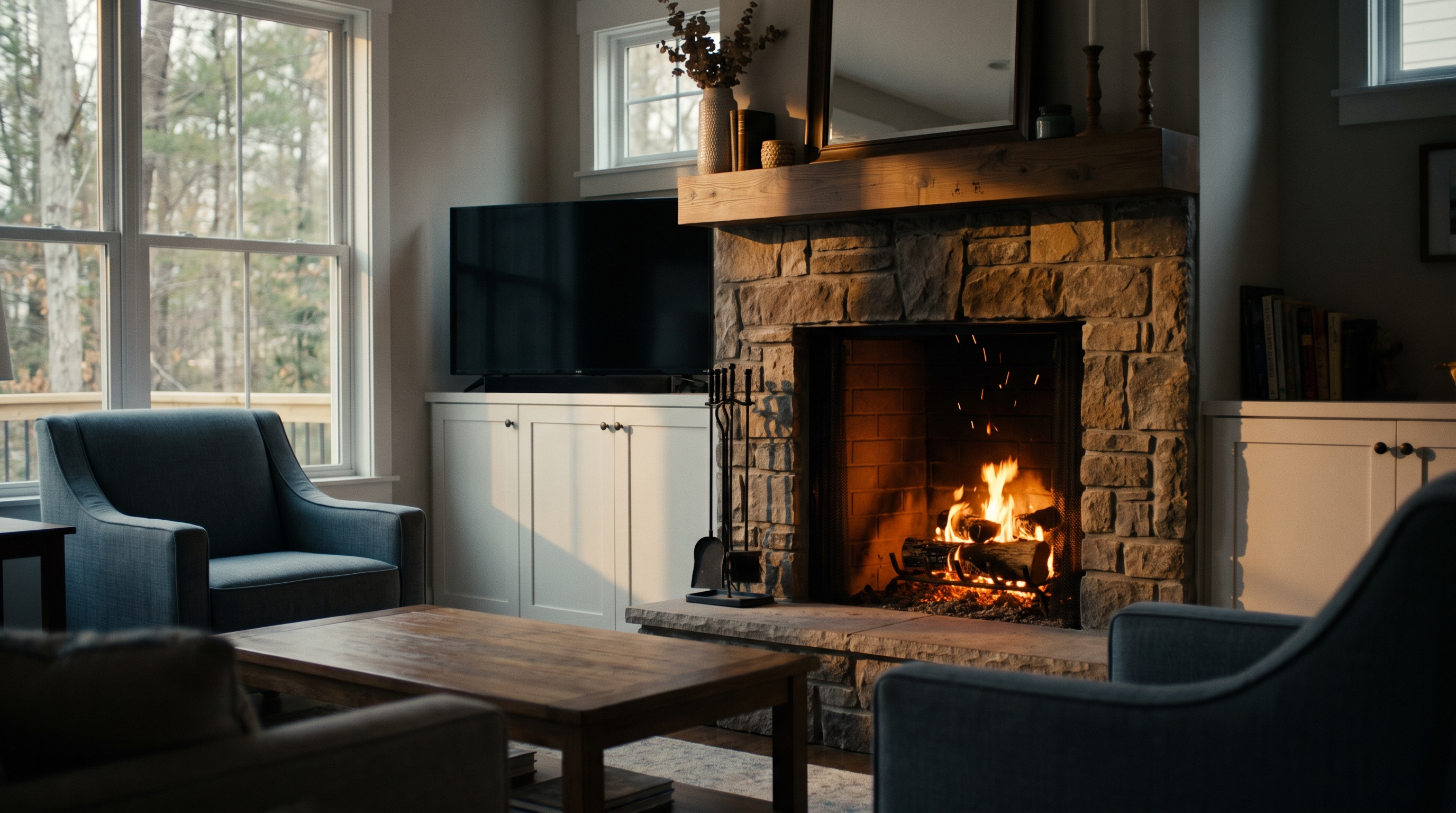 A stone fireplace burning low in a quiet cabin.