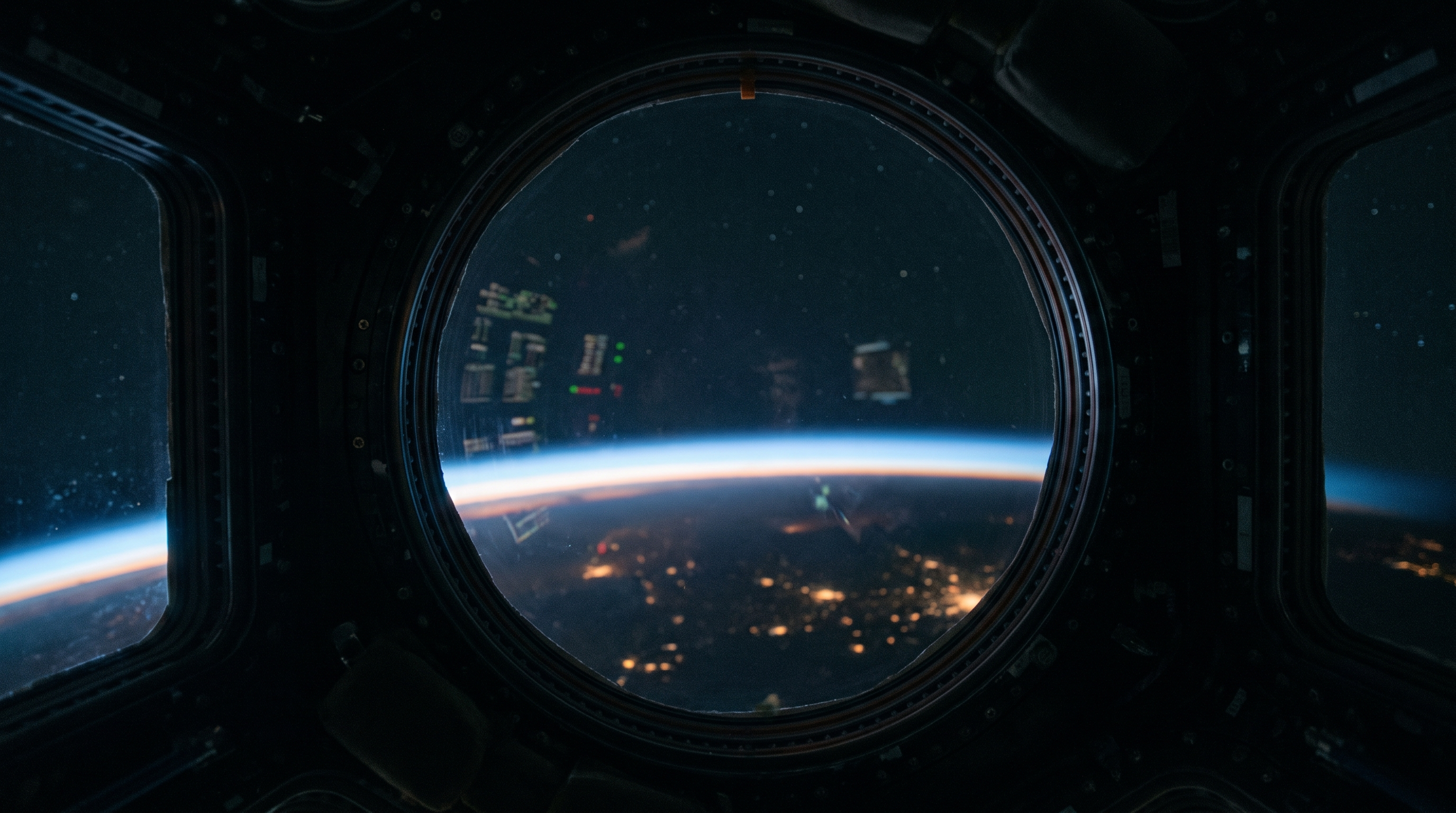 Earth seen from a quiet space station window.
