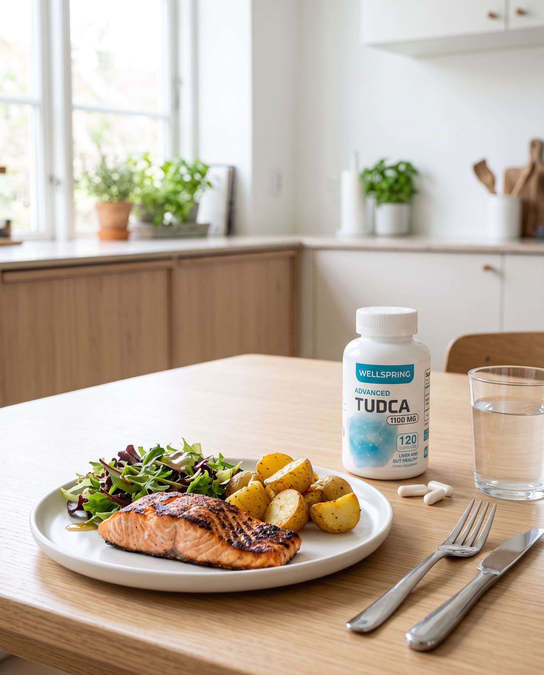 Wellspring Advanced TUDCA beside a fresh meal in natural daylight