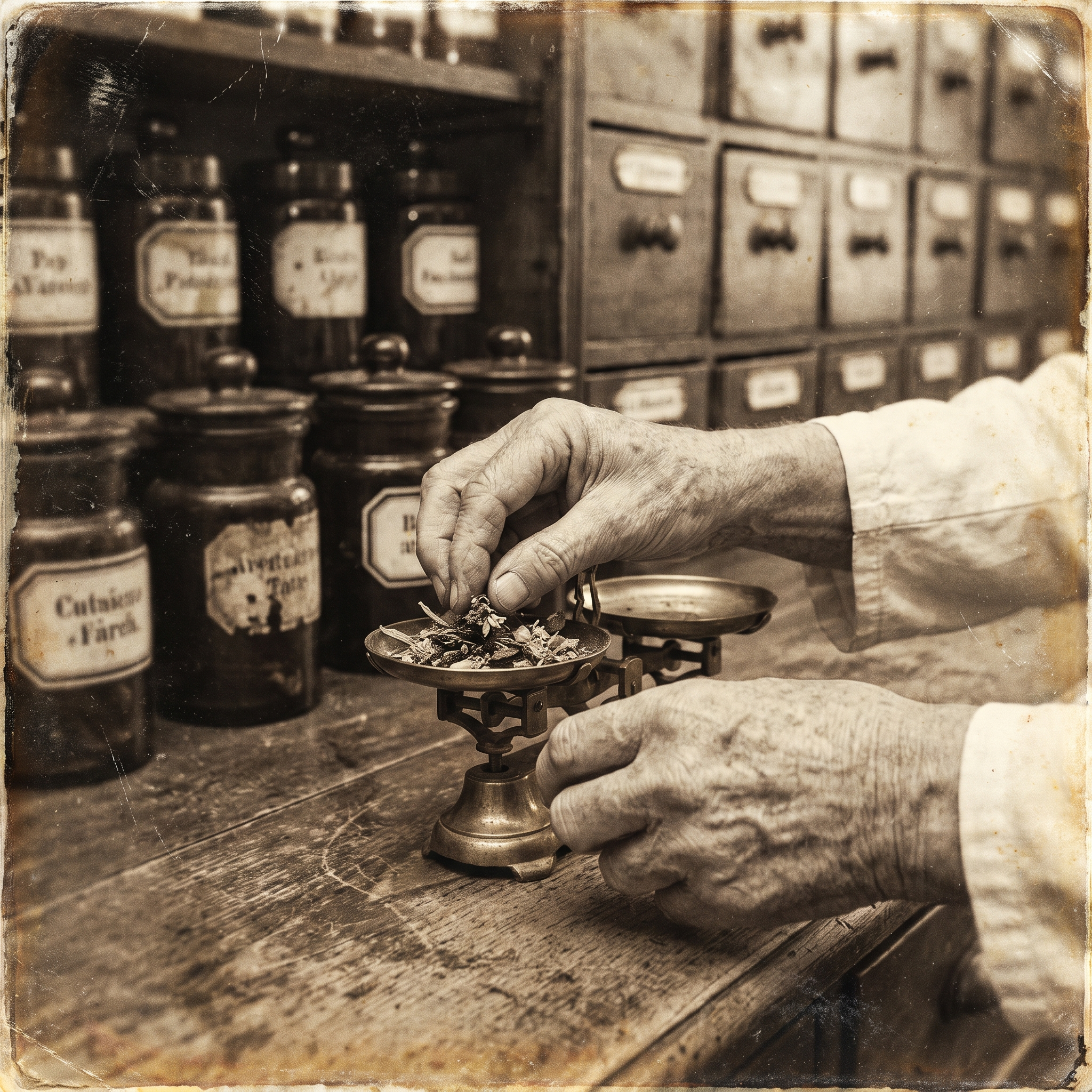 Archival photograph of a traditional Chinese herbalist's hands preparing remedies