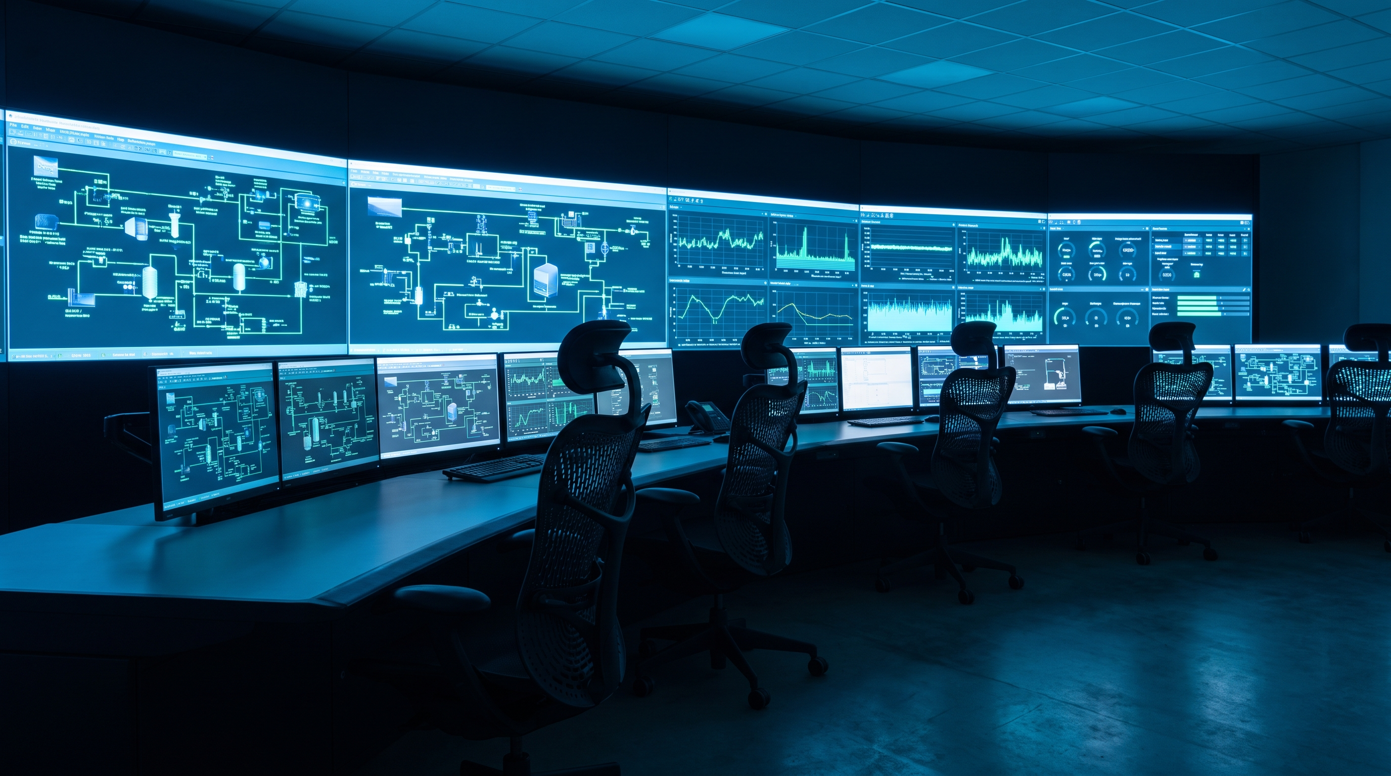 Industrial control room with monitoring dashboards
