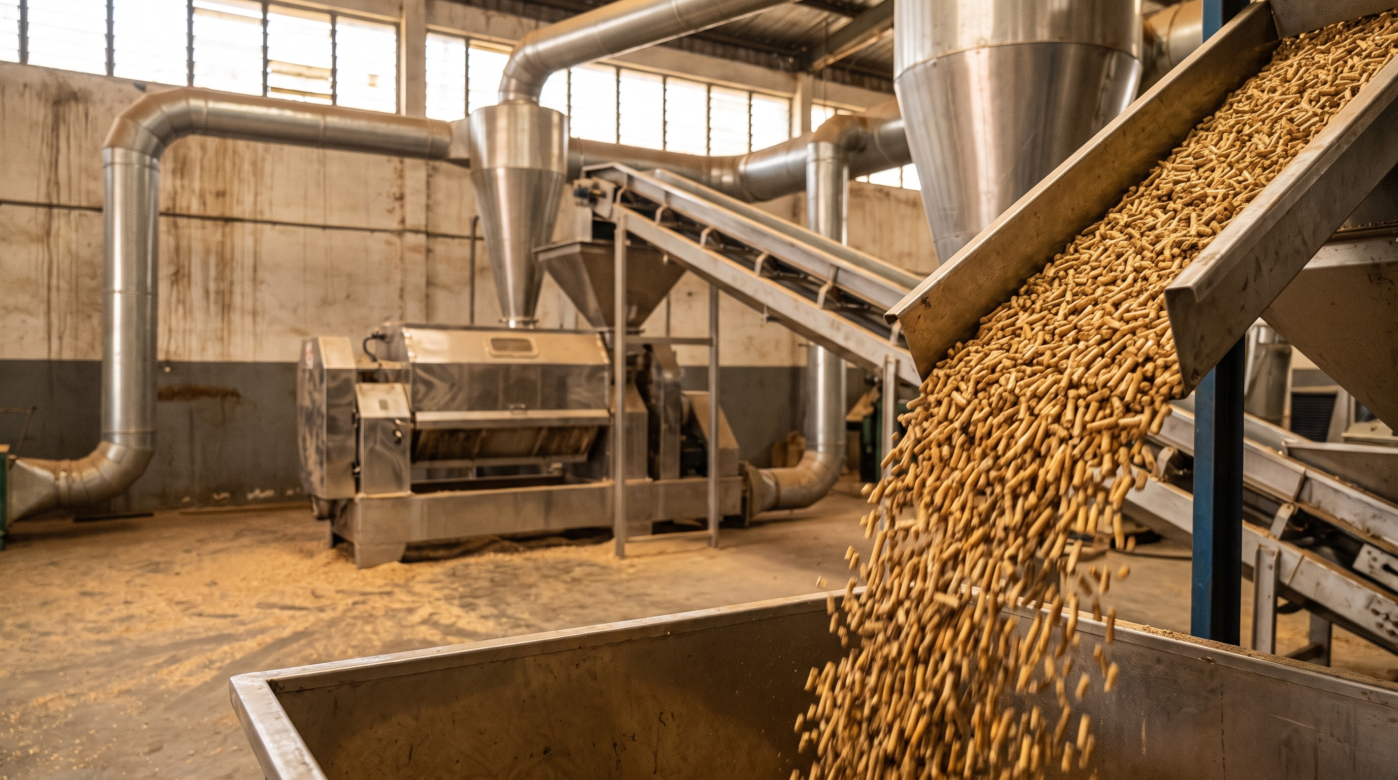 Biomass pellets discharging from a pellet mill