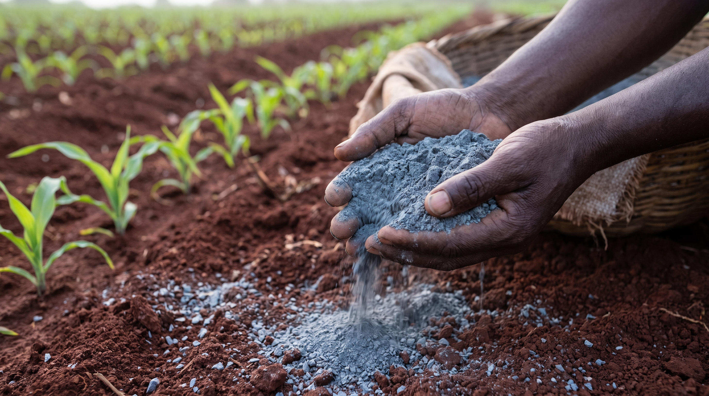 Crushed basalt rock dust applied to tropical farmland
