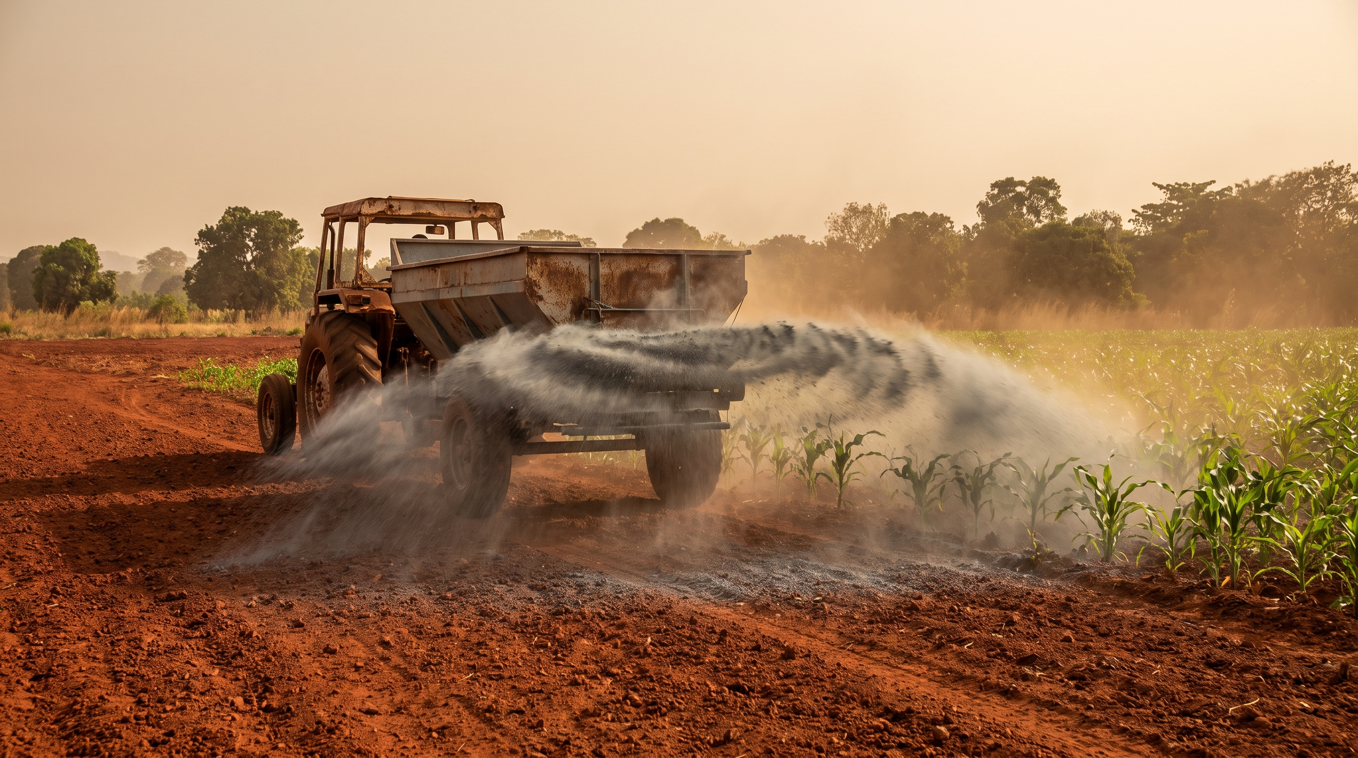 Basalt rock dust being spread across tropical farmland