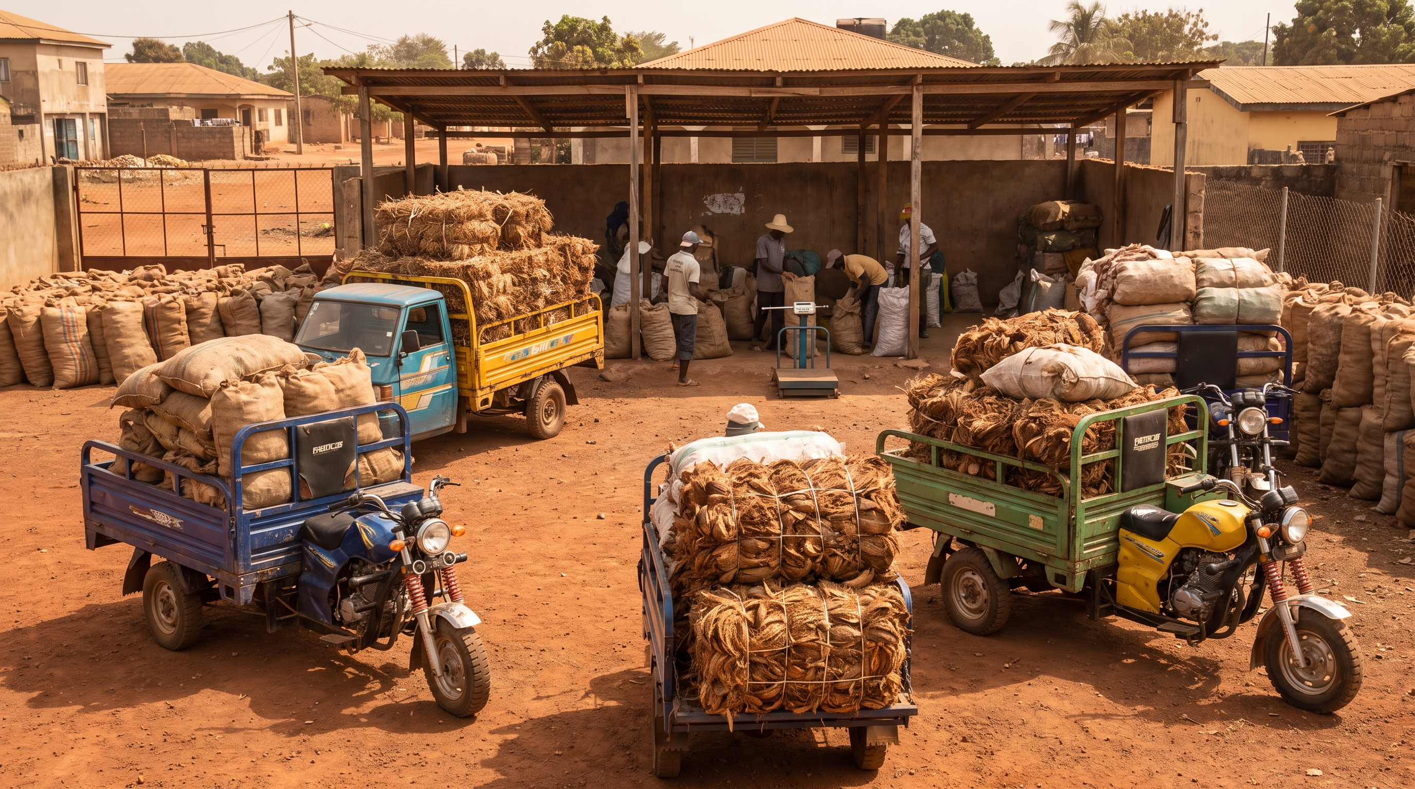 Biomass residue collection with cargo trikes and trucks at an aggregation yard