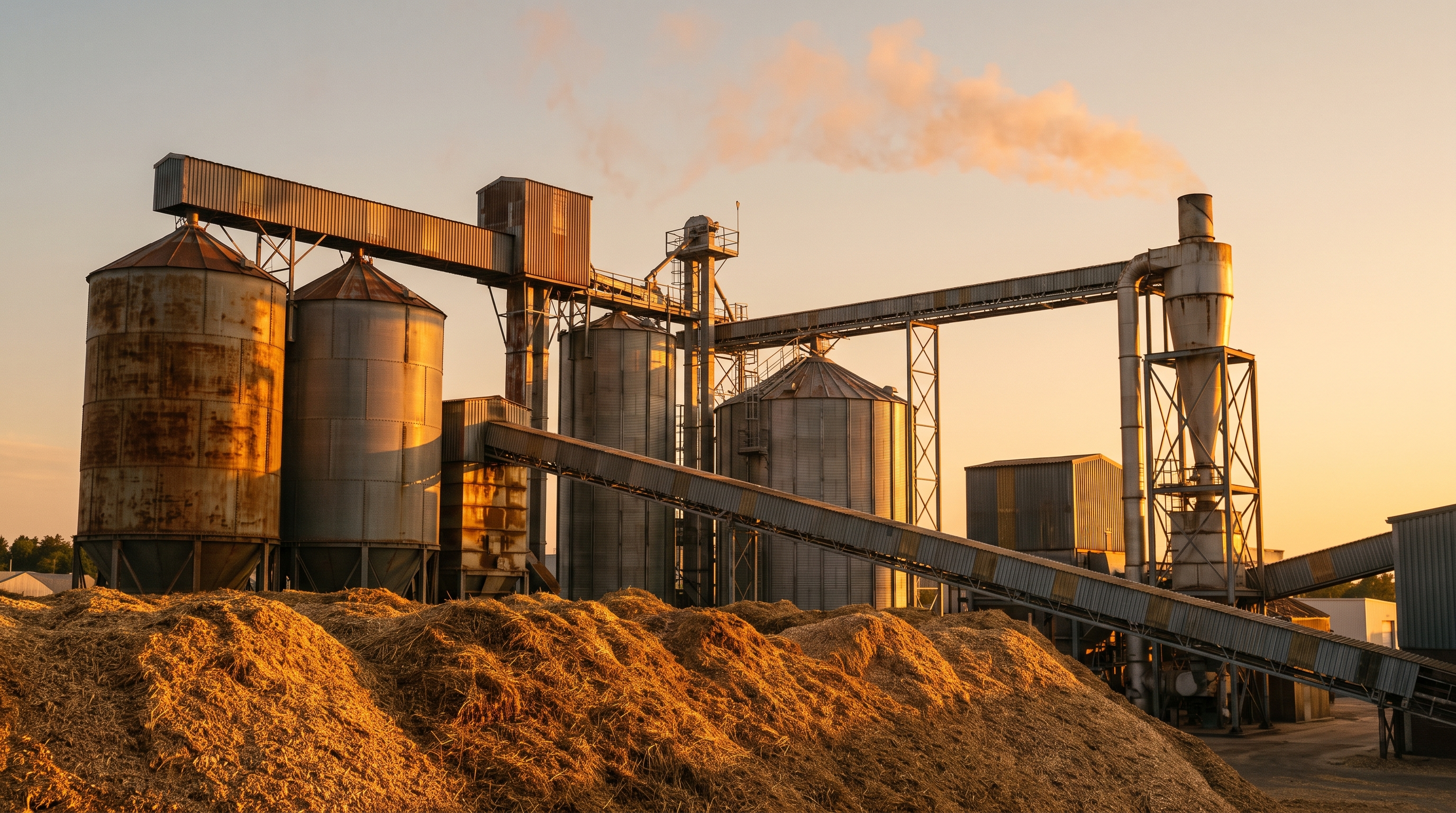 Biomass pellet production plant at golden hour