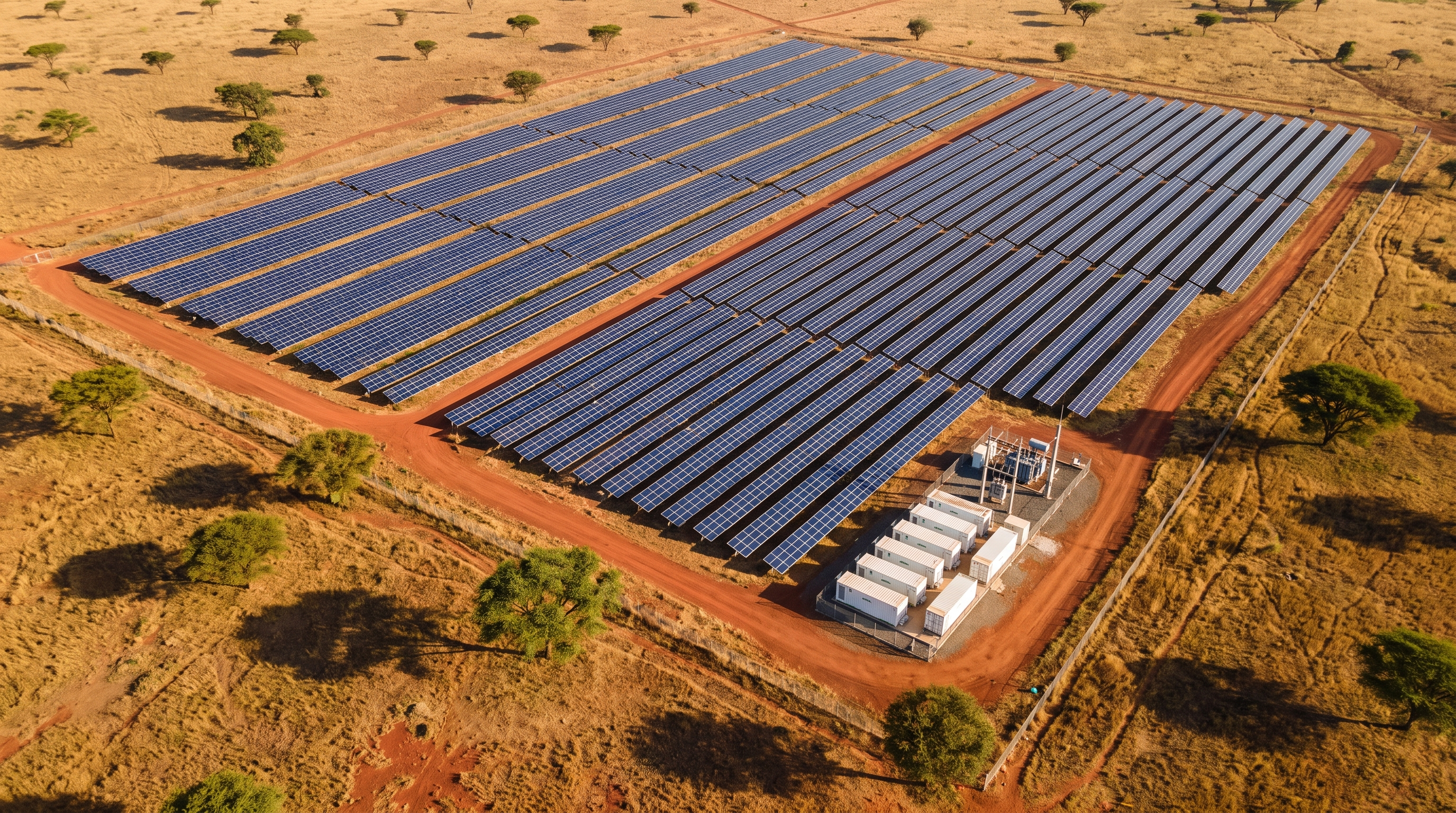 Utility-scale solar park on savanna grassland