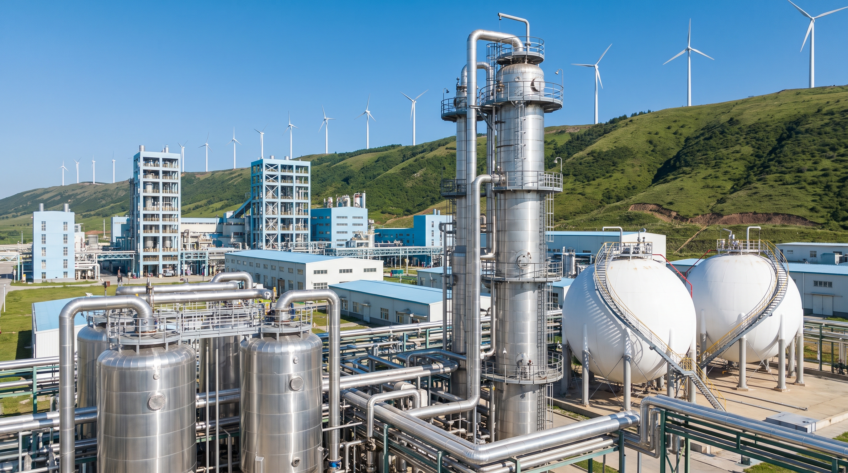 Green urea and ammonia plant with wind turbines behind