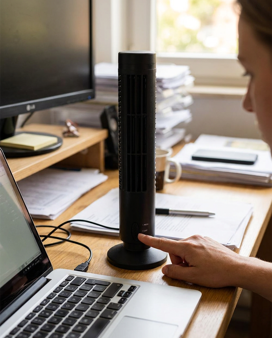 Torenventilator USB Bladloos Compact Design Zwart 33cm Hoog voor Bureau en Kantoor | Sansoti in gebruik