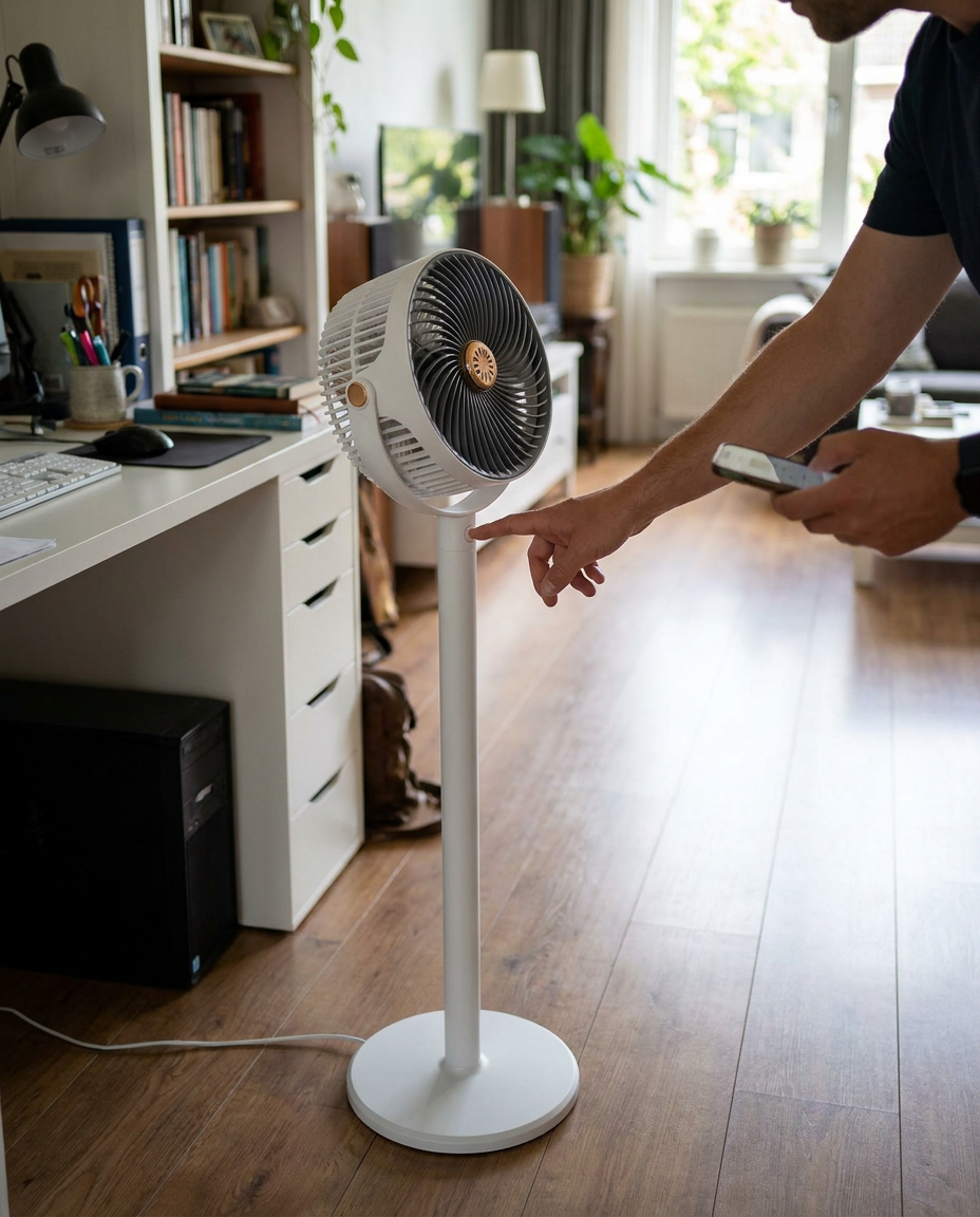 Staande Ventilator met 360° Rotatie en Afstandsbediening – Krachtige Luchtcirculatie voor Thuis en Kantoor | Sansoti in gebruik