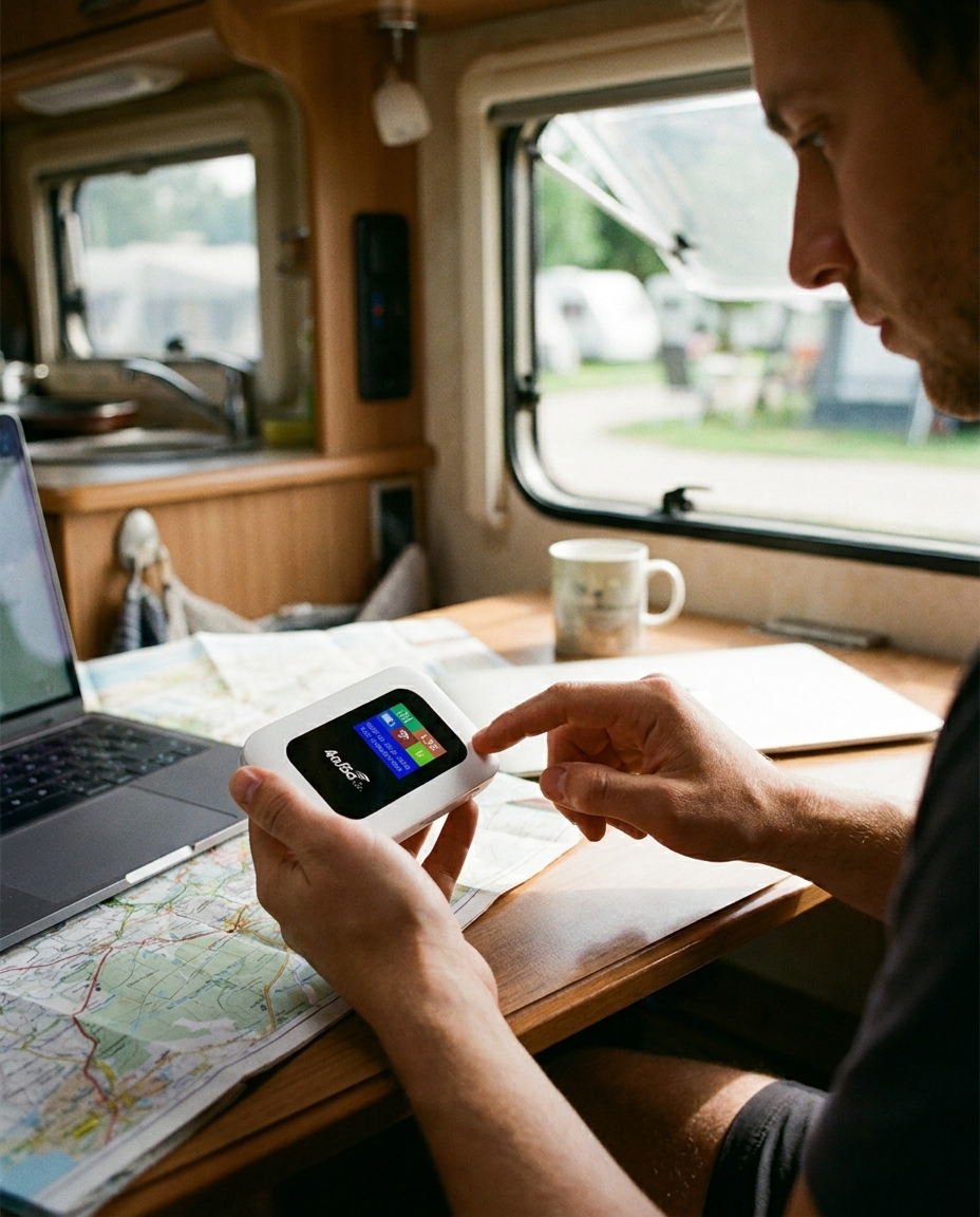 Draagbare 5G WiFi Router – Veilige Mobiele Internetverbinding voor Camper, Caravan en Reizen | 10 Apparaten | 150 Mbps | Sansoti in gebruik
