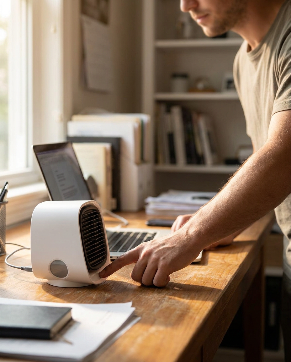 Draagbare Auto Airco USB Mobiele Ruimtekoeler Mini Airconditioner Persoonlijke Verkoeling | Sansoti in gebruik