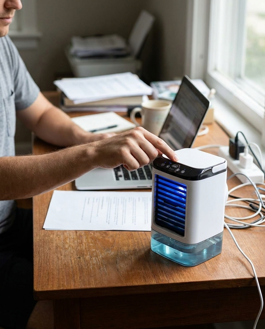 Mobiele Aircooler 900 ml – Draagbare Luchtkoeler met 3 Standen en LED Sfeerverlichting | Sansoti in gebruik