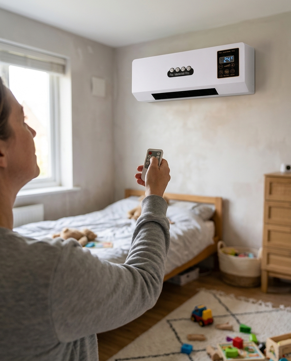 Ruimteklimaatsysteem 2-in-1 Ventilator & Verwarming 1800W met Afstandsbediening Wandmontage Wit in gebruik