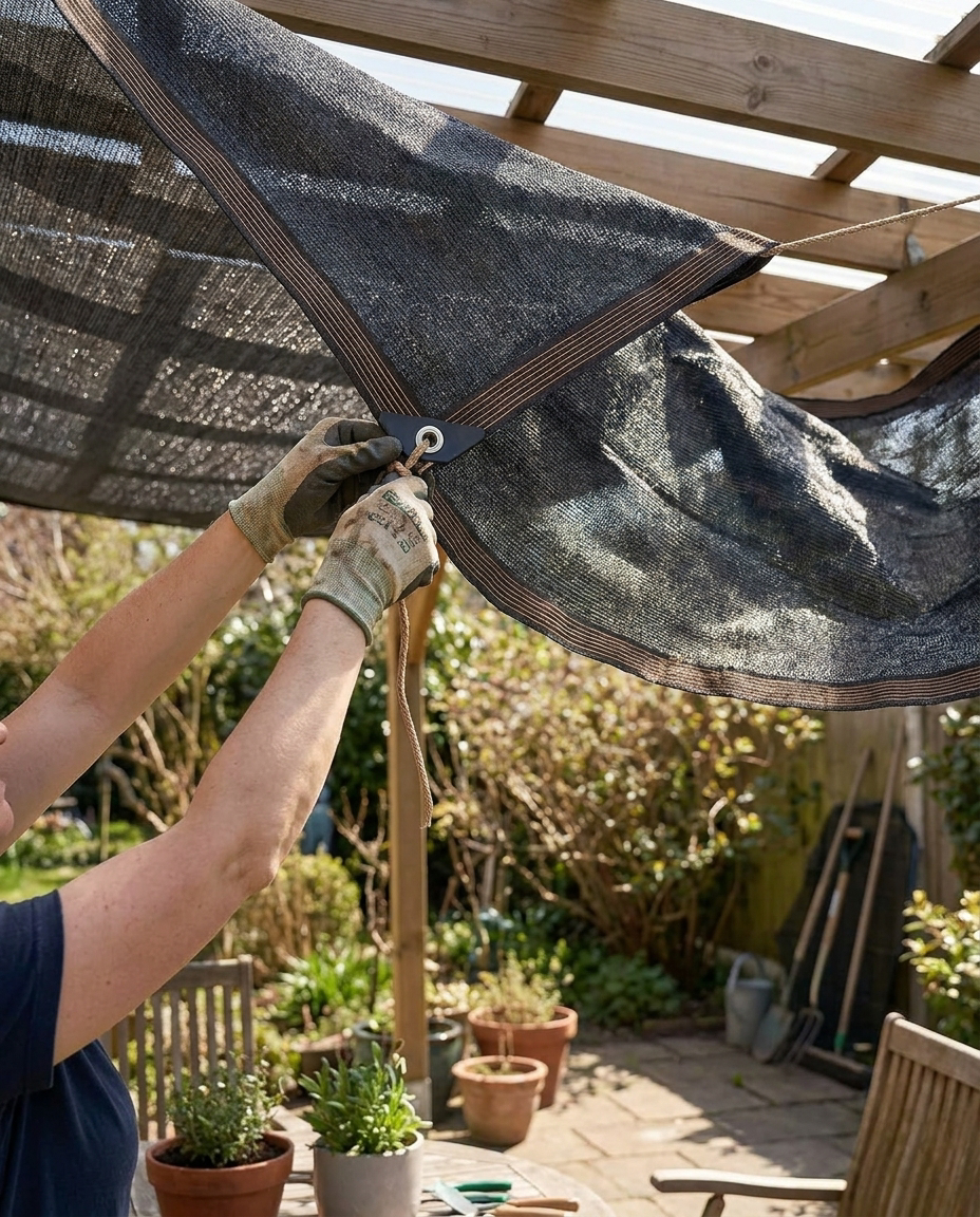 Schattentuch Sonnenschutzgewebe Schwarz mit getapten Rändern und Ösen für Pergola Gewächshaus Garten Patio Überdachung Terrassenüberdachung Sonnensegel Gartenschutz Gartentuch Sonnenschirm in Gebrauch
