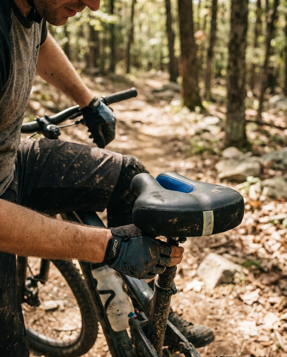 Ergonomischer Fahrradsattel ohne Nase mit weicher Polsterung für Mountainbike - druckentlastender Sportsattel mit extra Komfort für Herren und Damen in Gebrauch