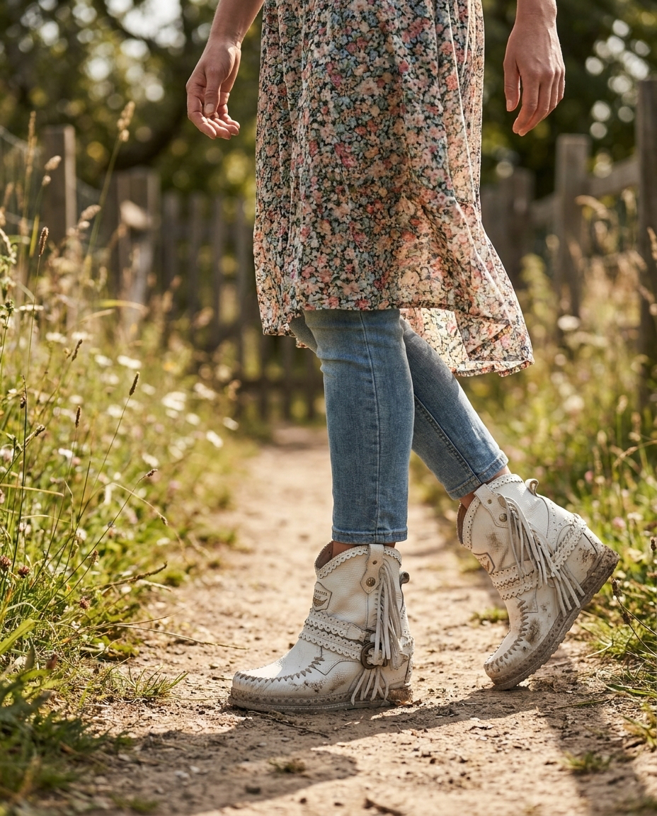Boho Stiefeletten mit Fransen für Damen – Wildleder Western Stil mit Komfort-Laufsohle in Gebrauch