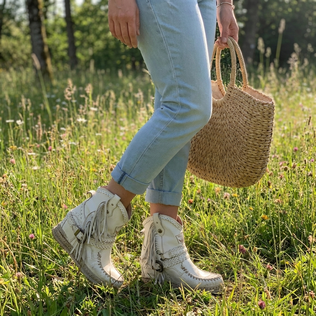 Boho Stiefeletten mit Fransen für Damen – Wildleder Western Stil mit Komfort-Laufsohle Lifestyle