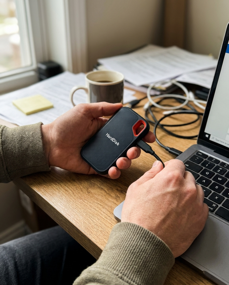 Externe SSD-Festplatte 64 TB für superschnelle Datenübertragung und sichere Dateispeicherung in Gebrauch