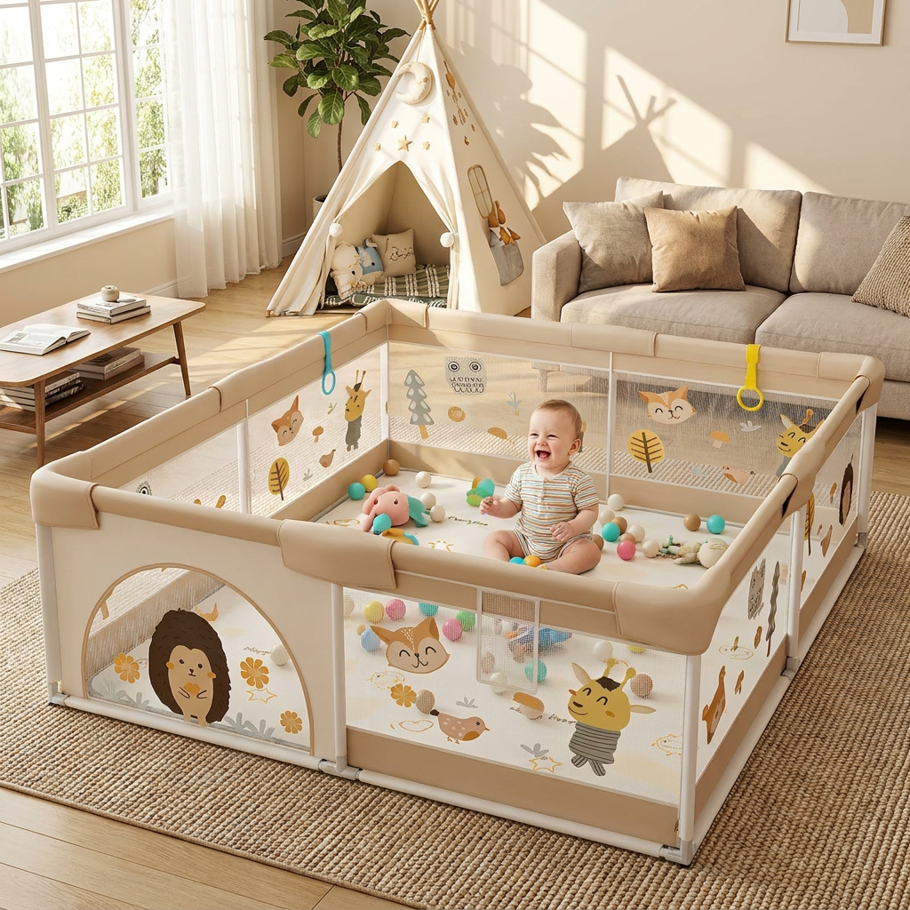 Babyspeelbox mit Zacht Zijvlak en Dierprint voor Veilig Spelen | Scandinavische Kinderkamerdecoratie voor Ontdekkende Peuters | Opvouwbare Speelruimte met Kleurrijk Design | Sansoti lifestyle
