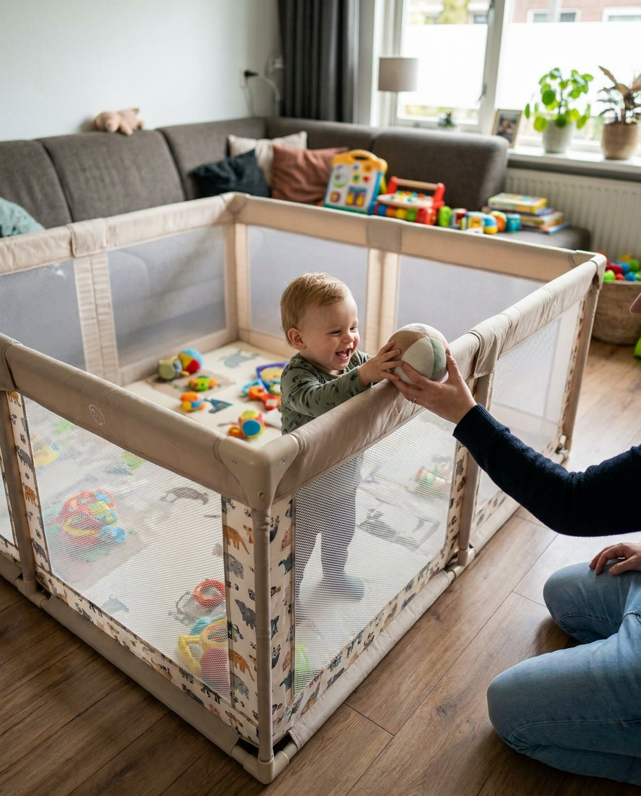 Babyspeelbox mit Zacht Zijvlak en Dierprint voor Veilig Spelen | Scandinavische Kinderkamerdecoratie voor Ontdekkende Peuters | Opvouwbare Speelruimte met Kleurrijk Design | Sansoti in gebruik
