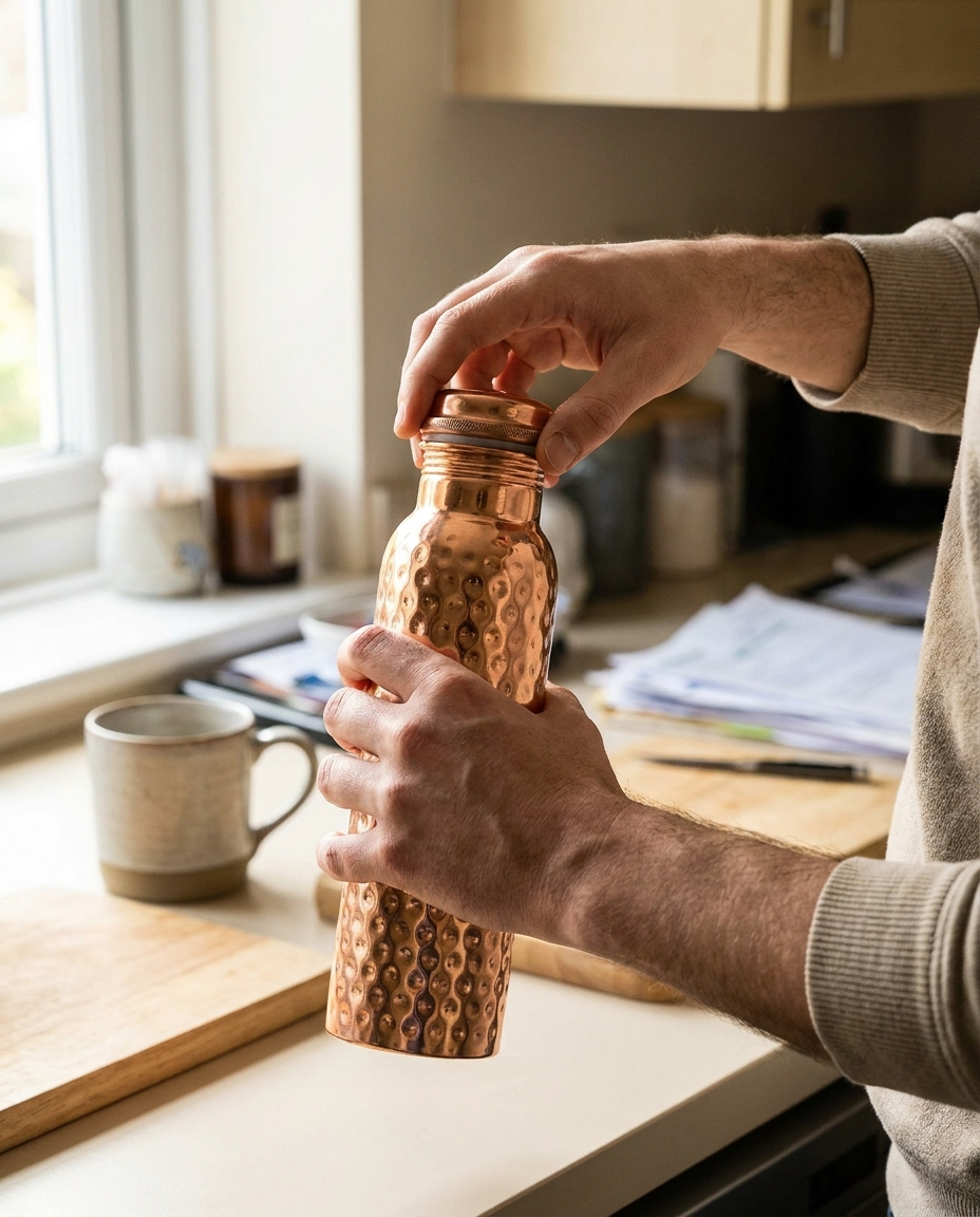 Koperen Waterfles 800ML Gehamerd 100% Puur Koper Lekvrij | Sansoti in gebruik