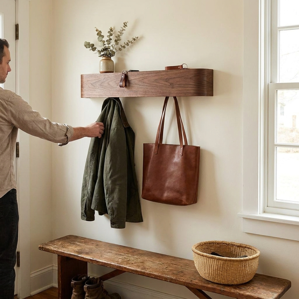 Houten Wandkapstok Met Verborgen Haken En Plank 53cm Modern lifestyle