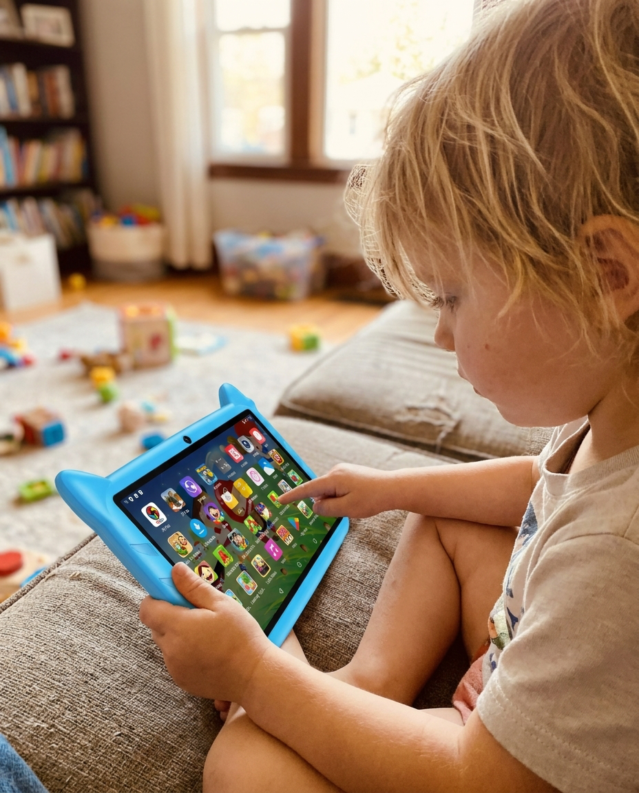 Kindertablet 7 Inch Android 13 Quad-Core WiFi 4GB RAM 64GB Opslag Uitbreidbaar Educatieve Apps Dual Camera Kids Tablet in gebruik