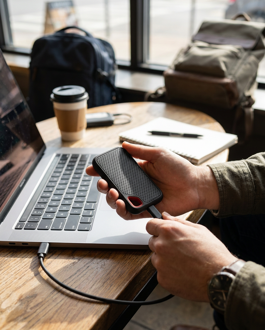 Externe SSD-Schijf 2TB – Compacte Harde Schijf voor Laptop & Smartphone in gebruik