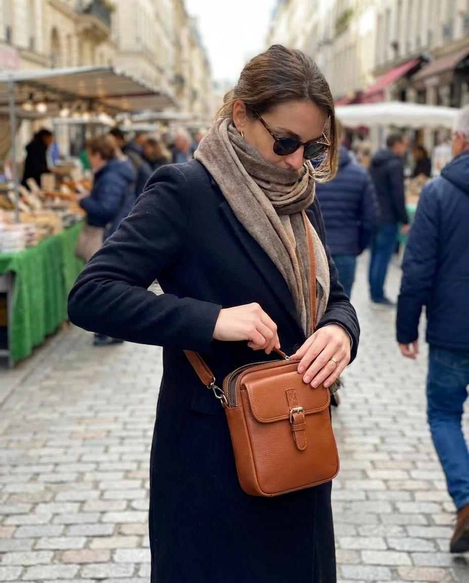 Leren Crossbody Tas Vierkant Model Anti-Diefstal in gebruik