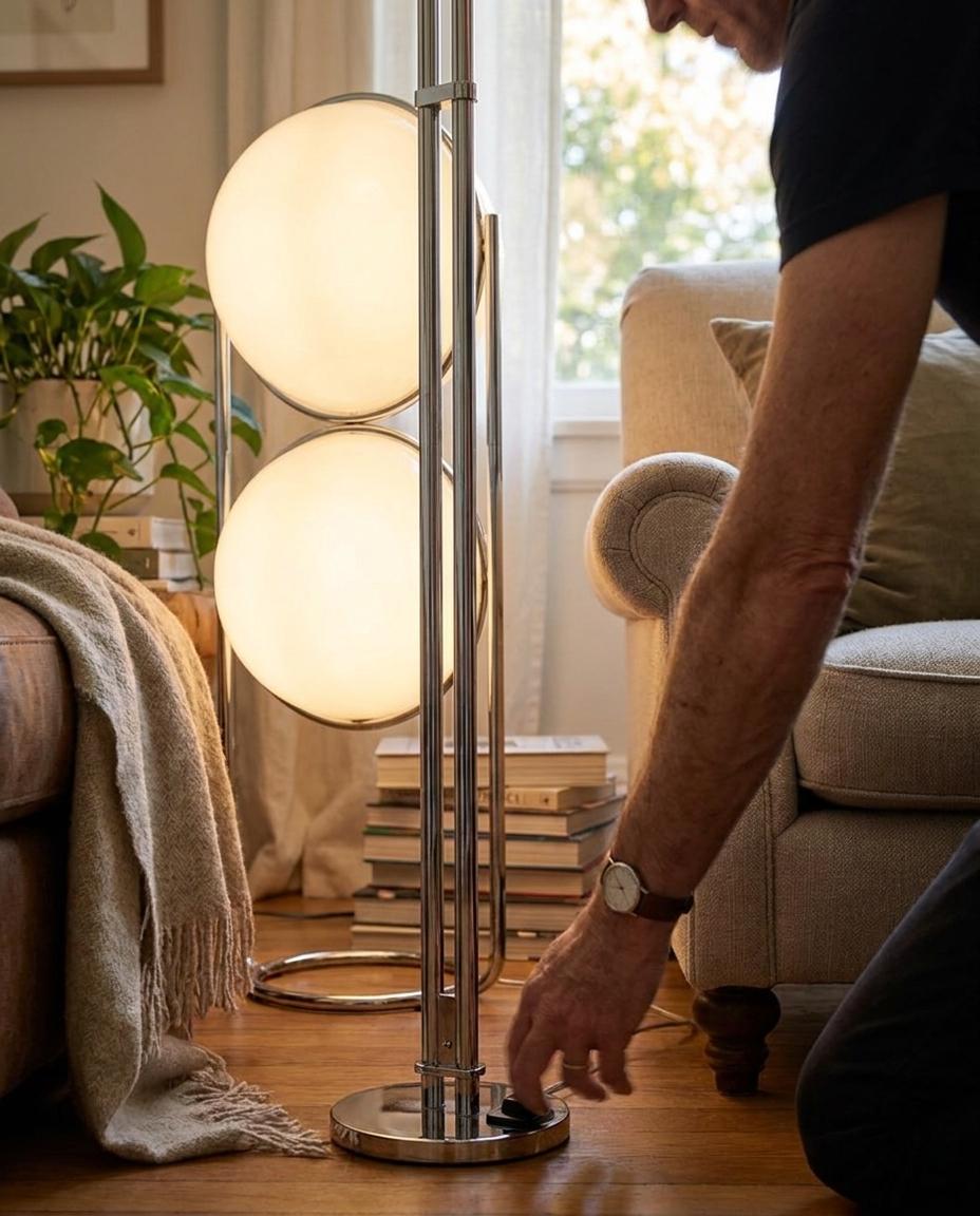Moderne Vloerlamp met Chroomafwerking en Acrylbollen in gebruik