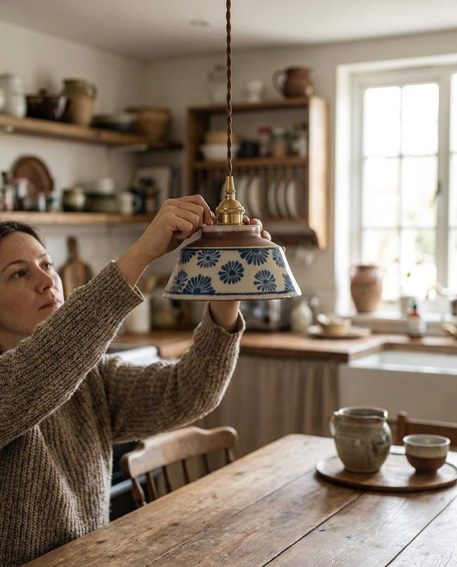 Handgeschilderde Keramische Hanglamp Scandinavisch Design Met Koperen Fitting Bloemenpatroon Voor Eettafel Keuken En Slaapkamer | Sansoti in gebruik
