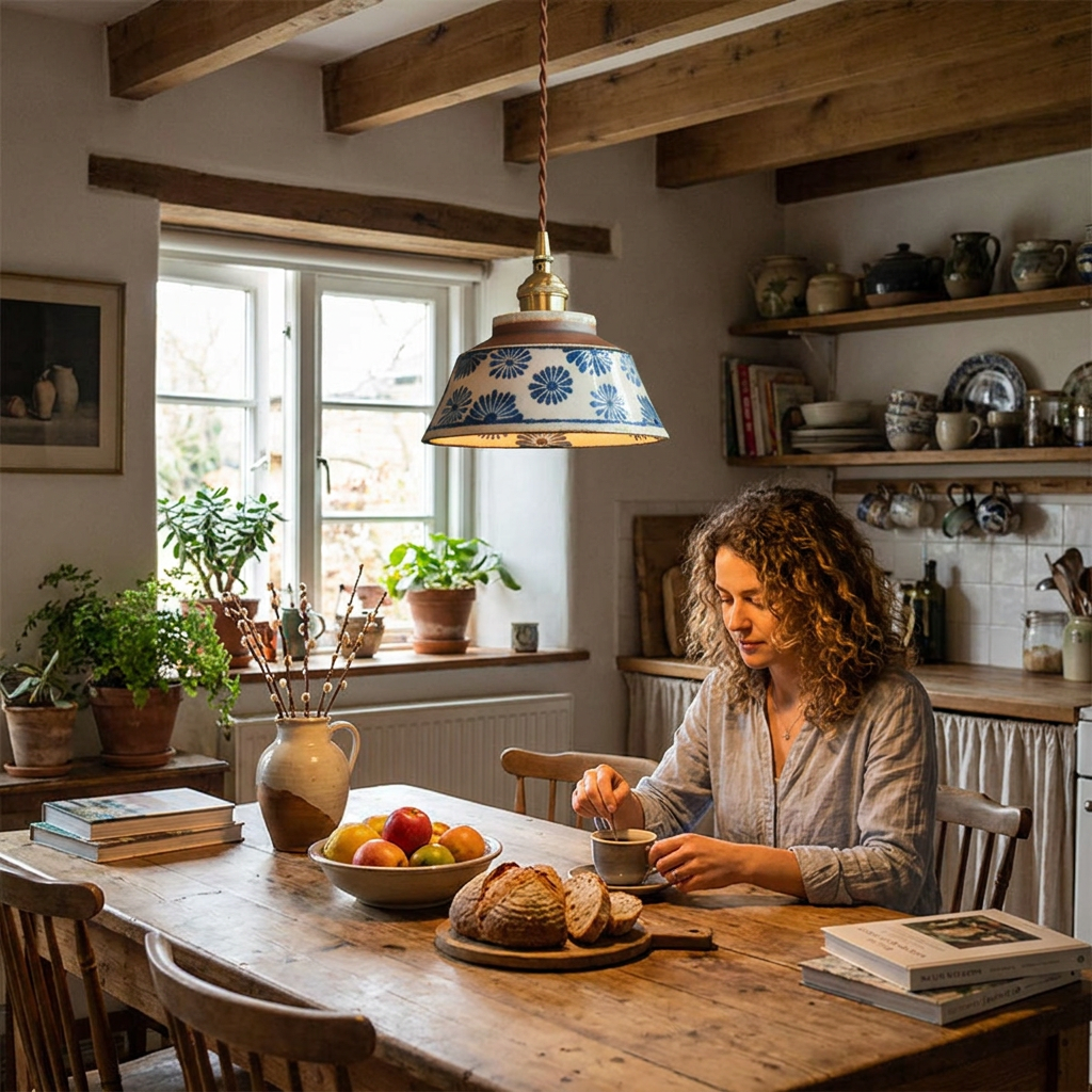 Handgeschilderde Keramische Hanglamp Scandinavisch Design Met Koperen Fitting Bloemenpatroon Voor Eettafel Keuken En Slaapkamer | Sansoti lifestyle