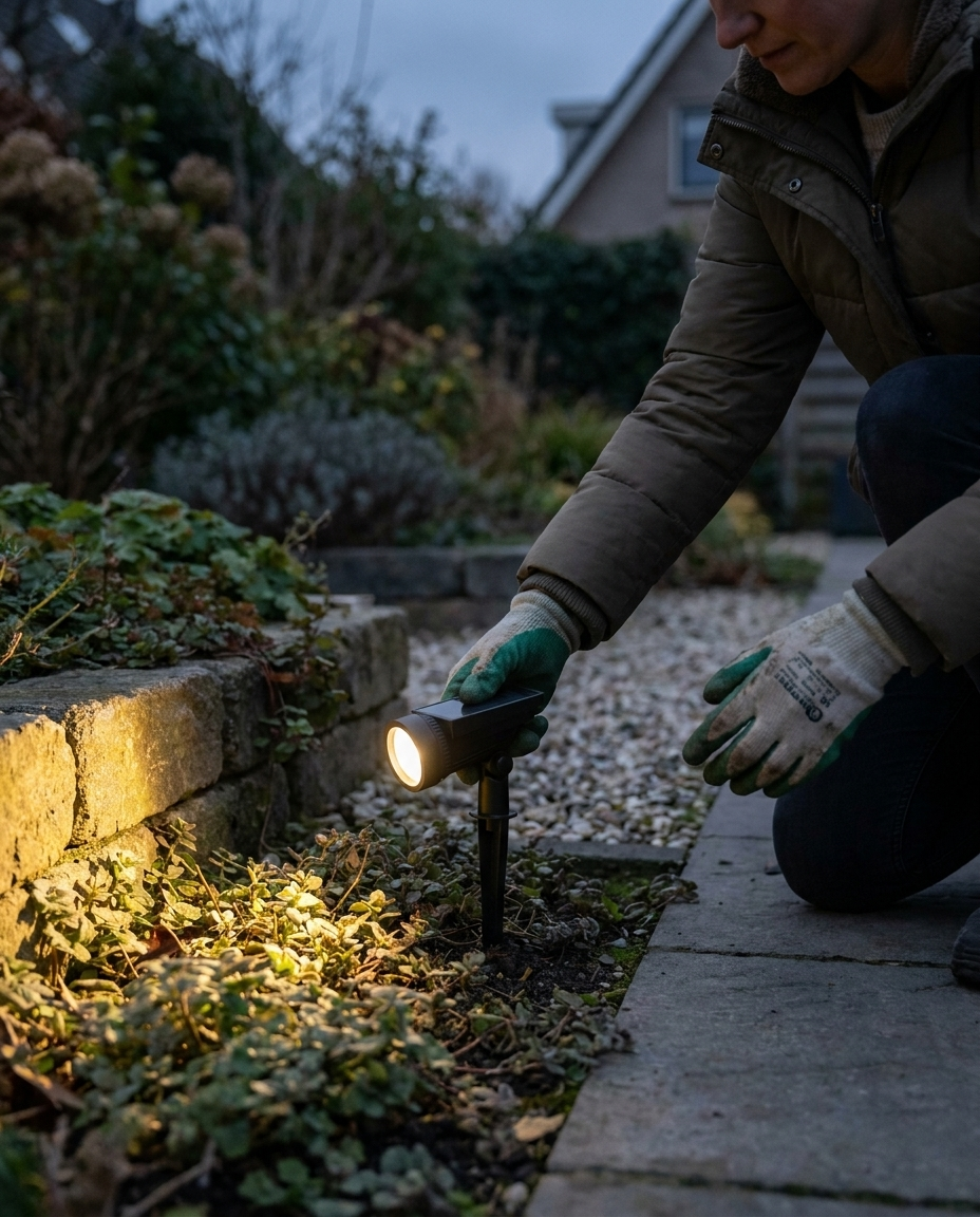 Solar Tuinspot LED Verstelbare Zoomlens Waterdicht IP65 Warmwit Energiezuinig voor Gazon Borders Gevel in gebruik
