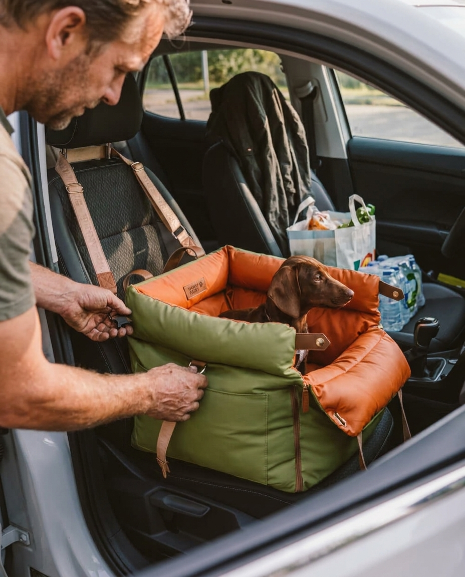 Luxe Kunstleren Hondenautostoel & Reismand met Veiligheidsriemen – Waterbestendig Verhoogd Bed voor Kleine en Middelgrote Honden in gebruik