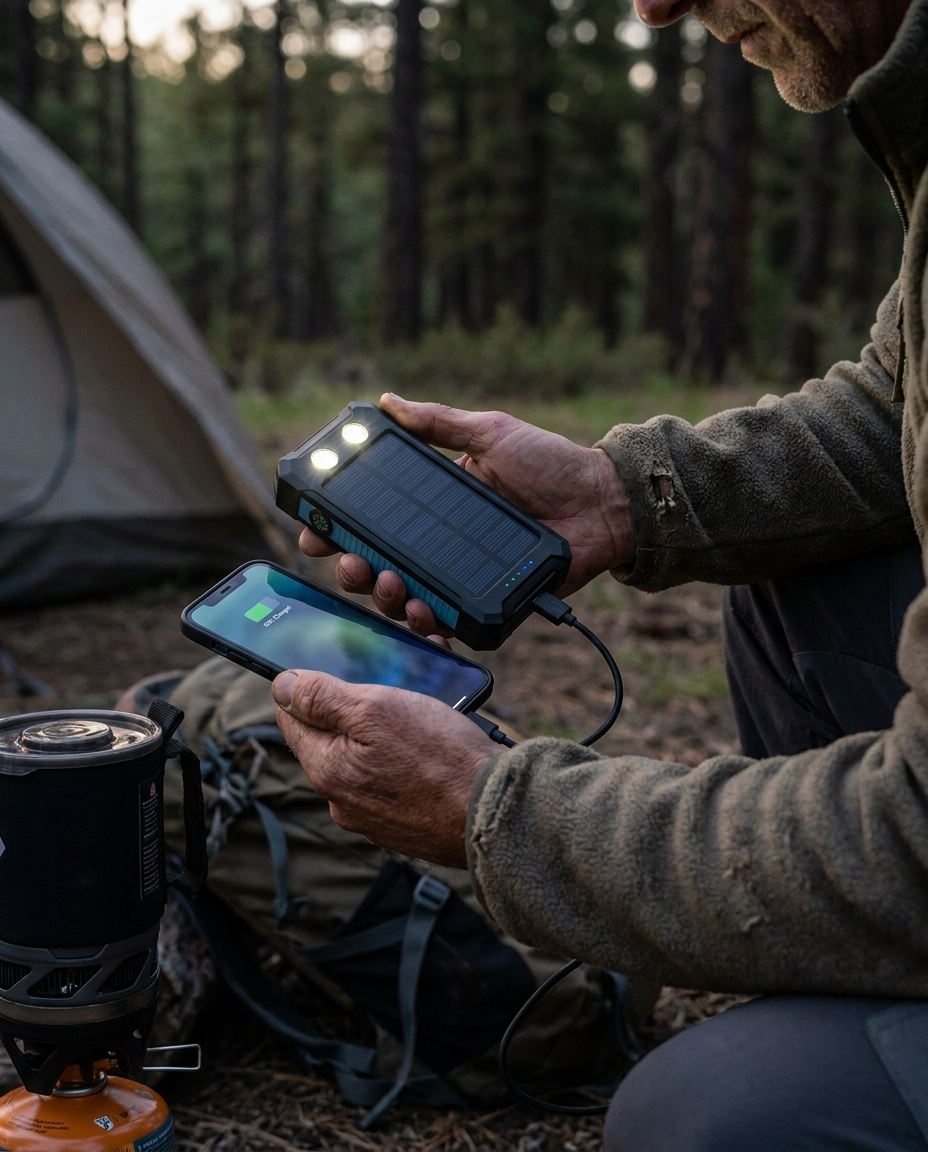 Solar Powerbank 500000mAh Waterdicht Externe Accu met Dual USB en LED Zaklamp voor Camping en Noodgevallen in gebruik