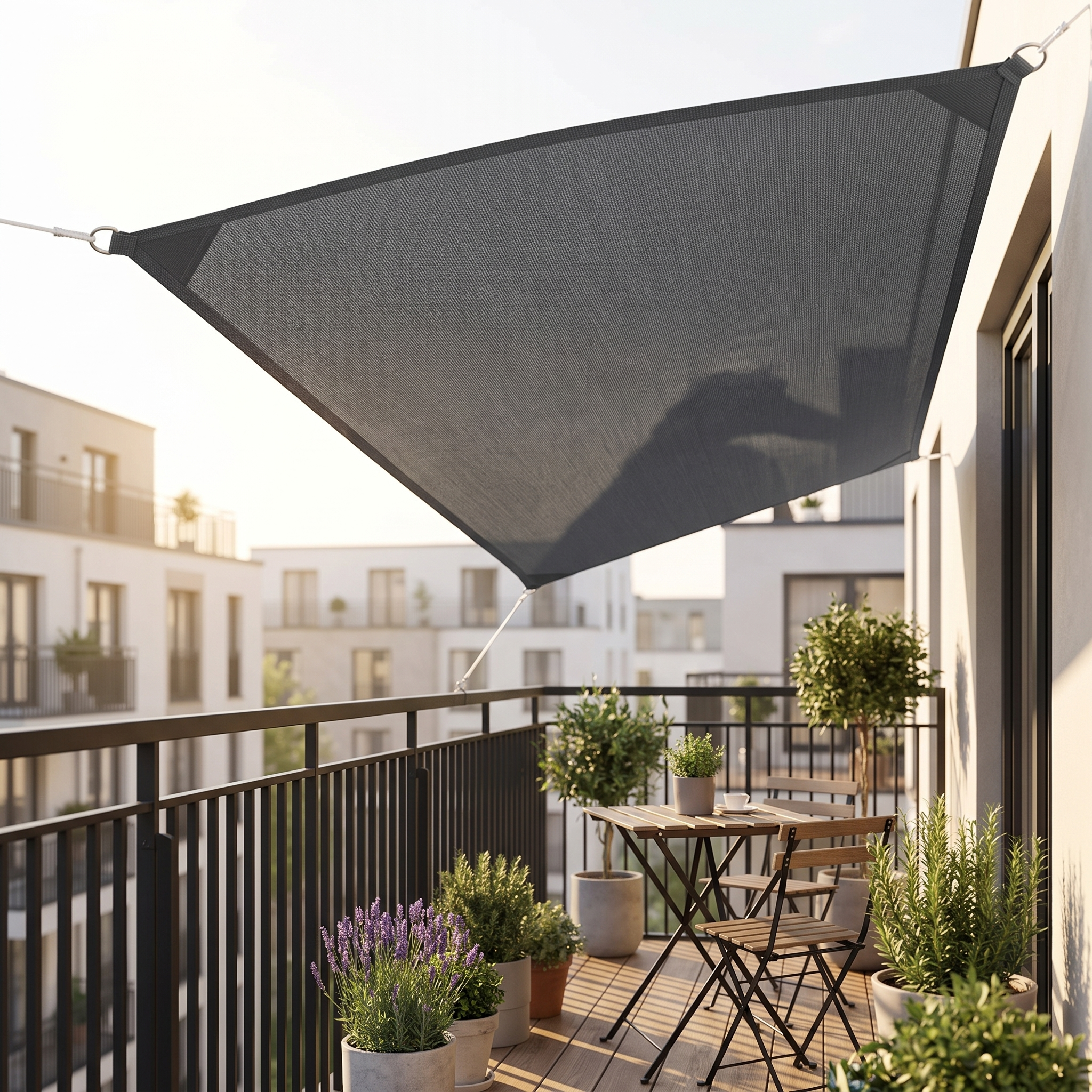 Waterproof sunshade stretched above a small city balcony with seating area | Sansoti
