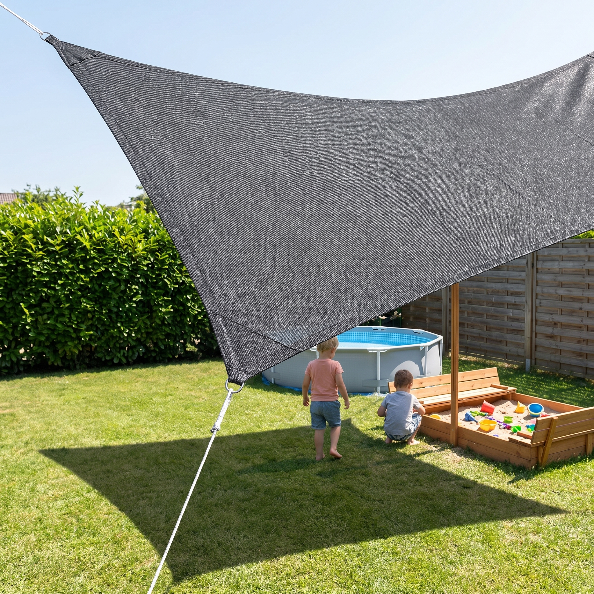 Großes wasserdichtes Sonnensegel über einem Garten mit Pool gespannt | Sansoti