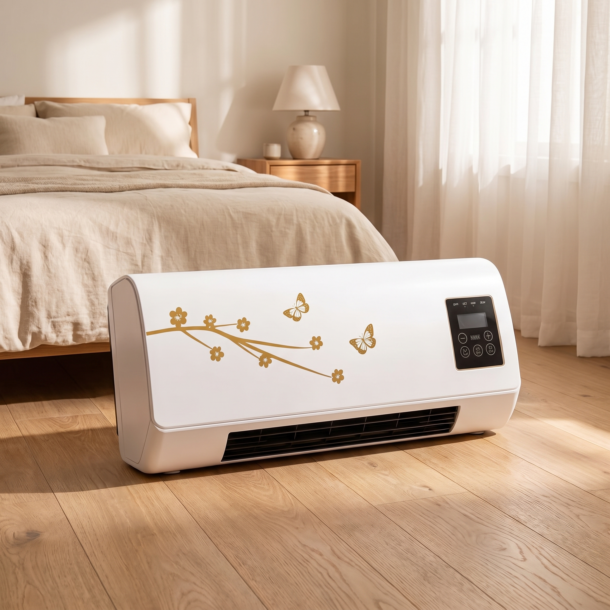 Climatiseur mobile dans une chambre à côté du lit