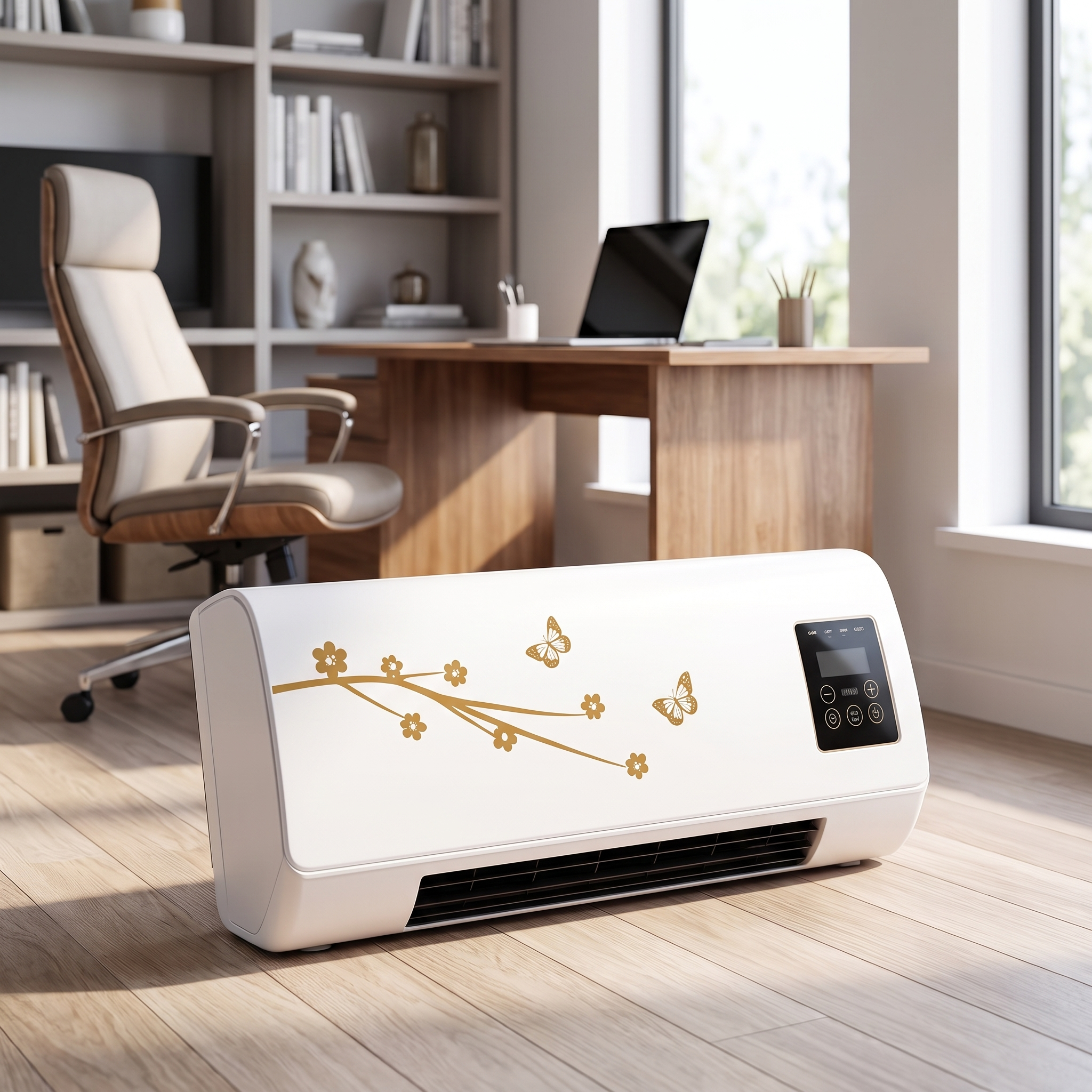 Portable air conditioner in an office next to a desk