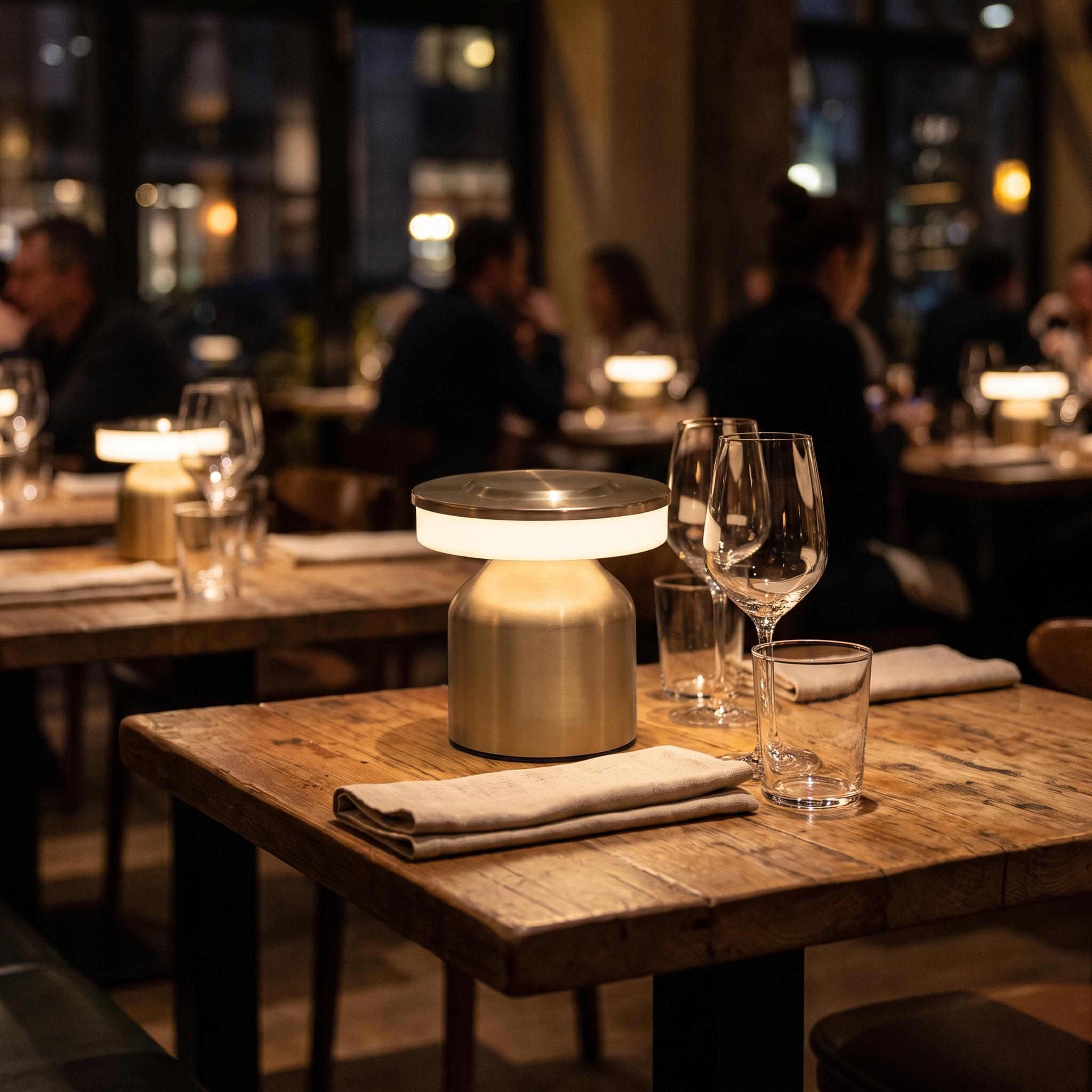 Wiederaufladbare Tischlampe auf einem gedeckten Restauranttisch
