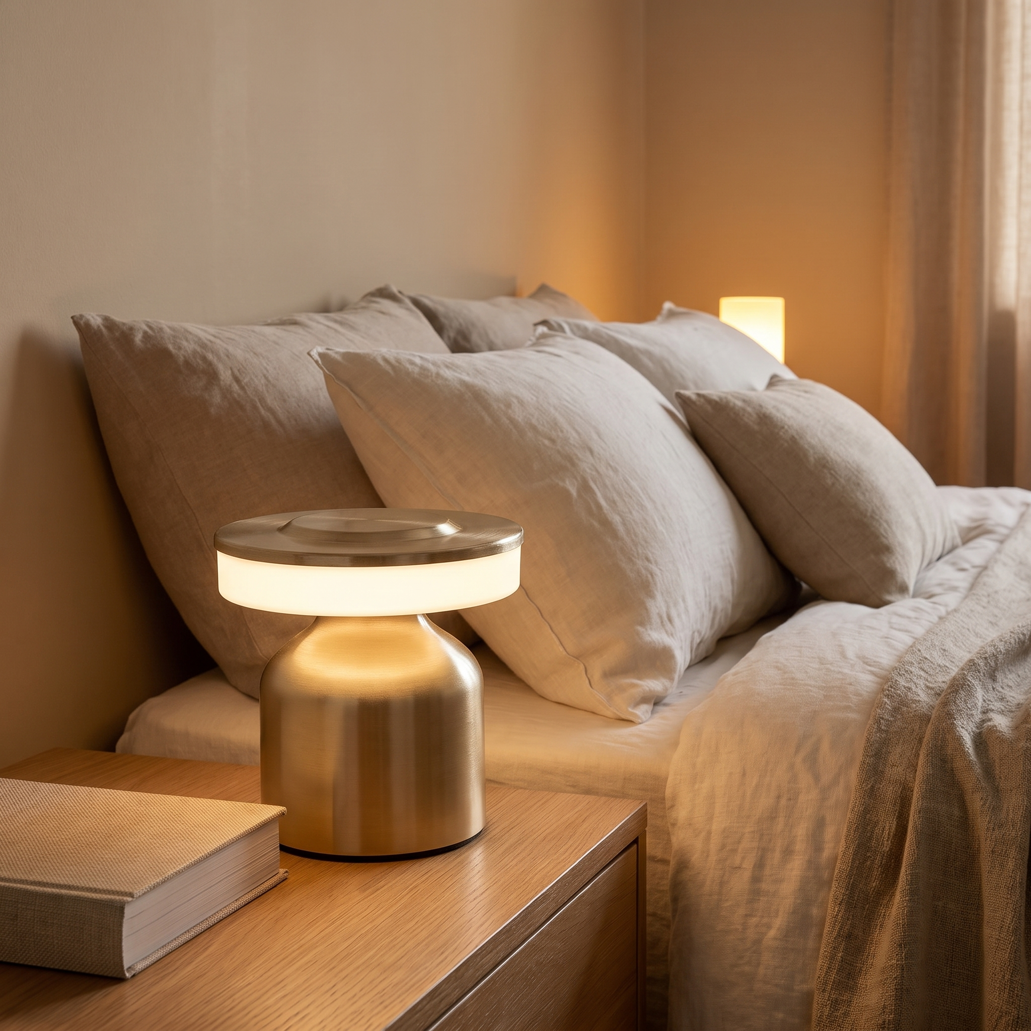 Wireless night lamp on a nightstand next to a bed
