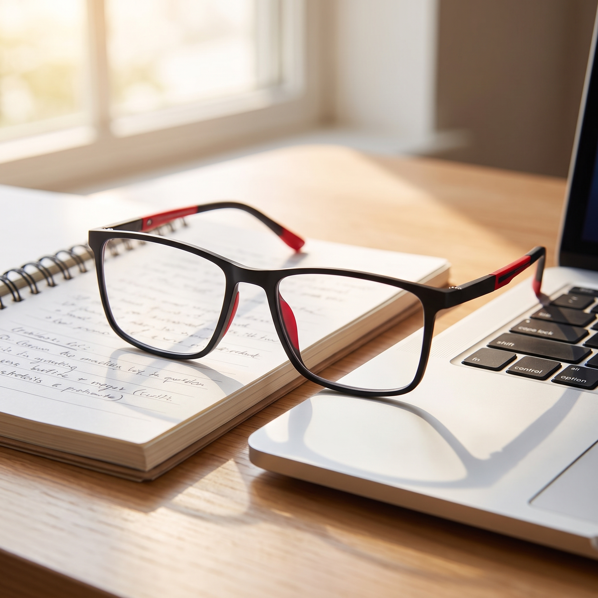 Multifocal reading glasses on a desk next to a laptop and notebook