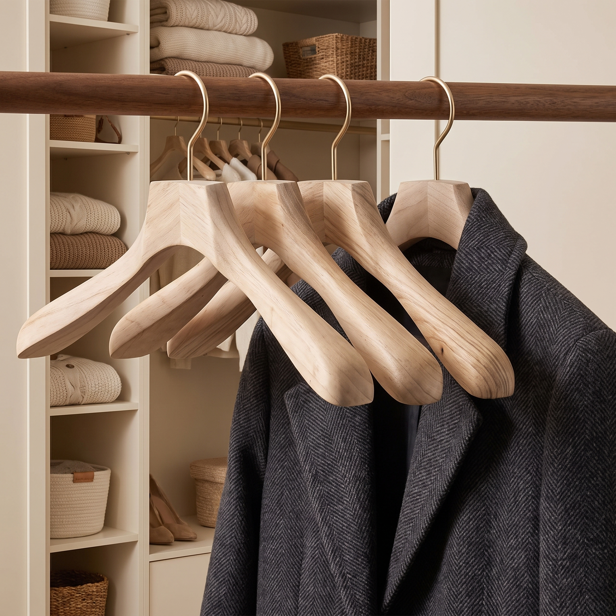 Holzjackenbügel mit Wintermantel im Schrank