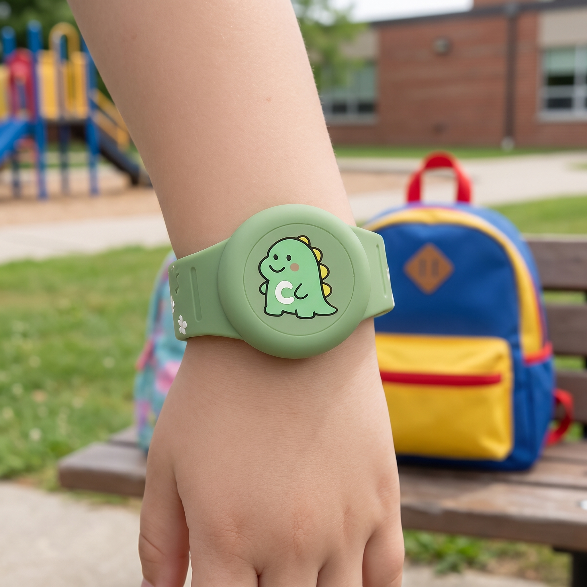 Bracelet en silicone avec support de tracker sur un poignet près d'un sac d'école