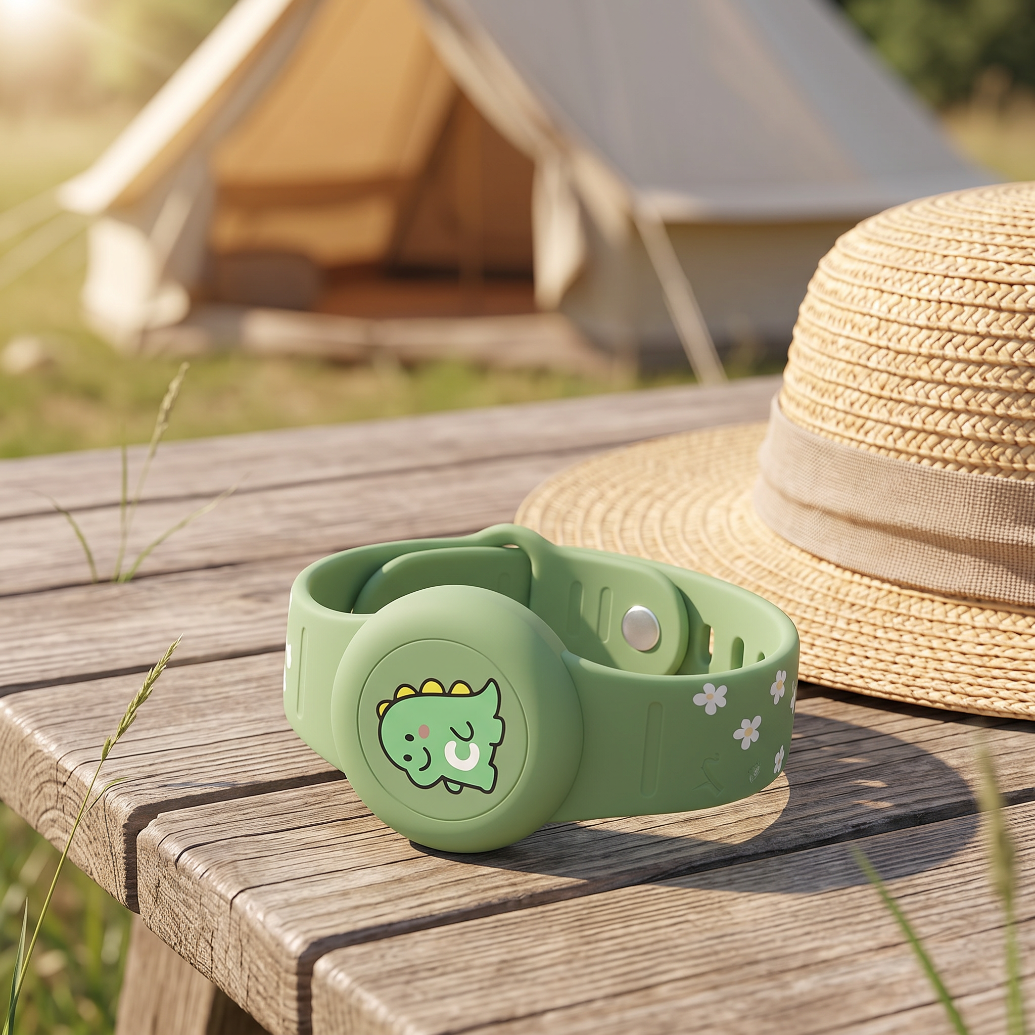 Silikon AirTag-Halter mit Band auf einem Picknicktisch bei einem Campingplatz